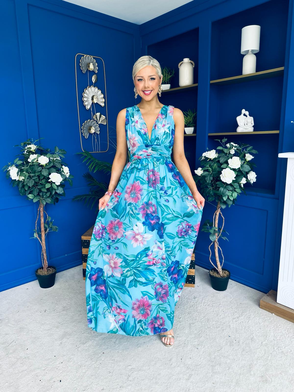 Lindsey Plunge Neck Maxi Dress Floral Blue
