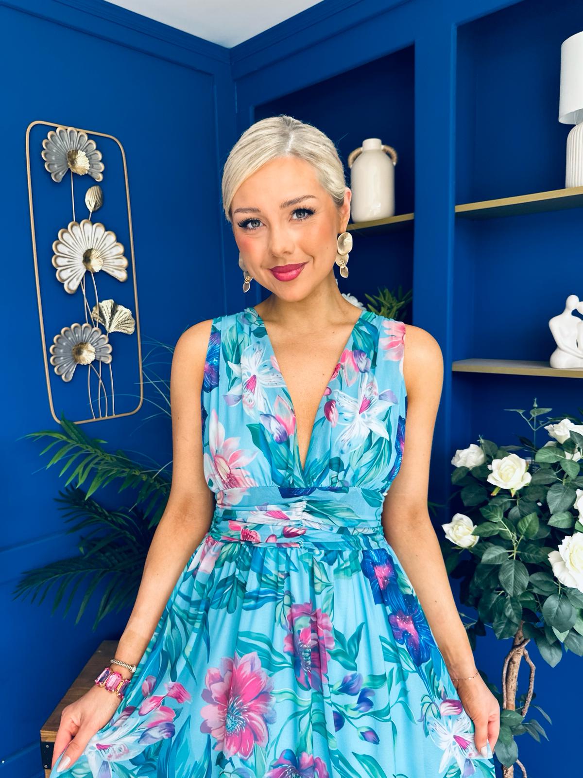 Lindsey Plunge Neck Maxi Dress Floral Blue