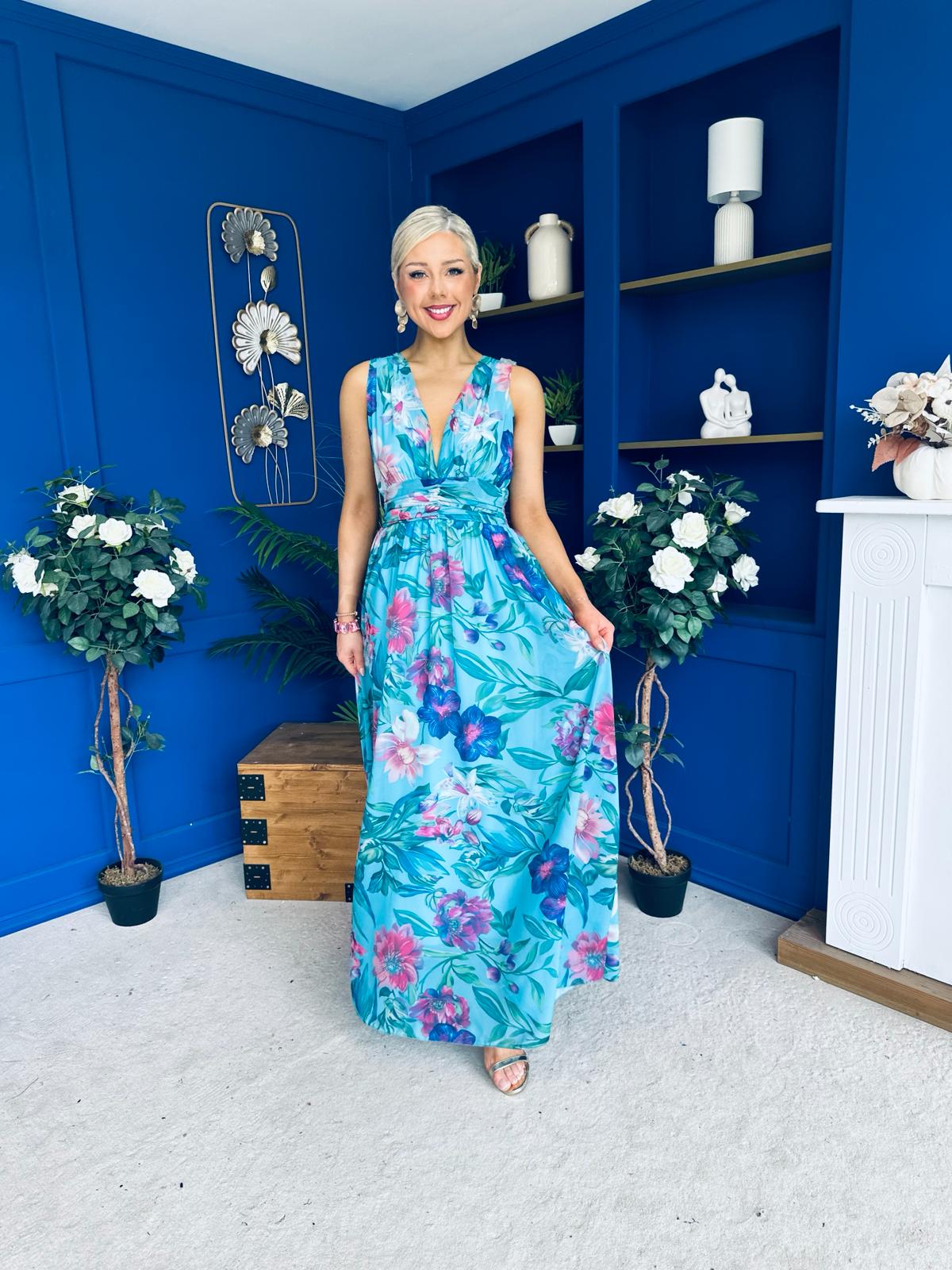 Lindsey Plunge Neck Maxi Dress Floral Blue