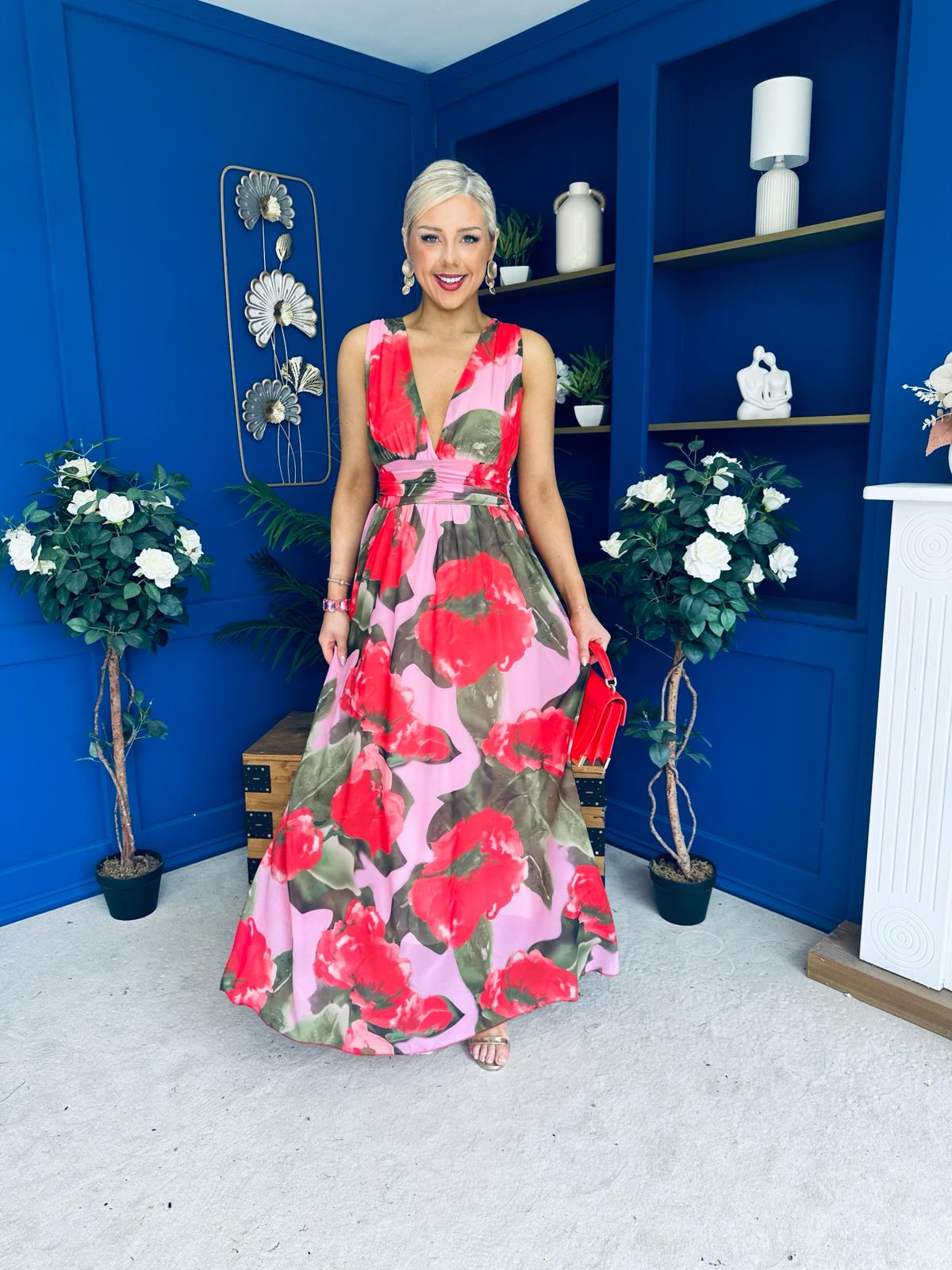 Lindsey Plunge Neck Maxi Dress Floral Pink