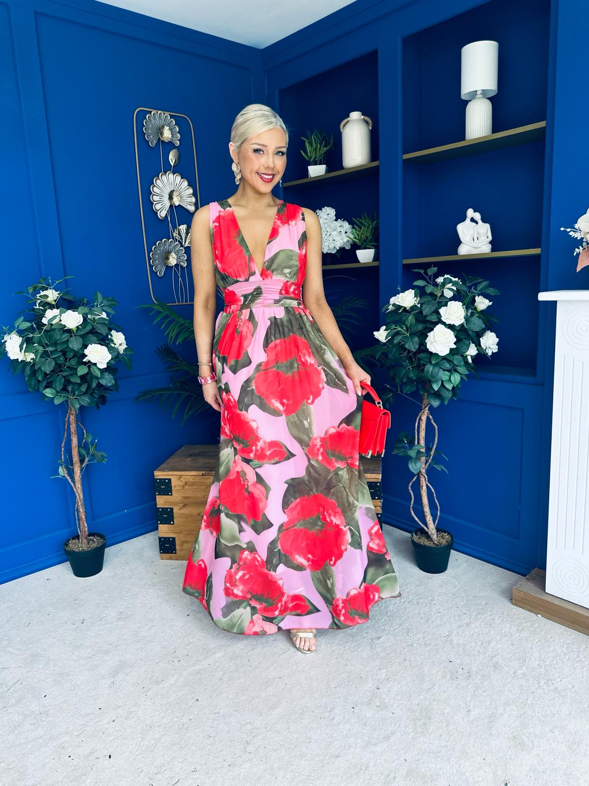 Lindsey Plunge Neck Maxi Dress Floral Pink