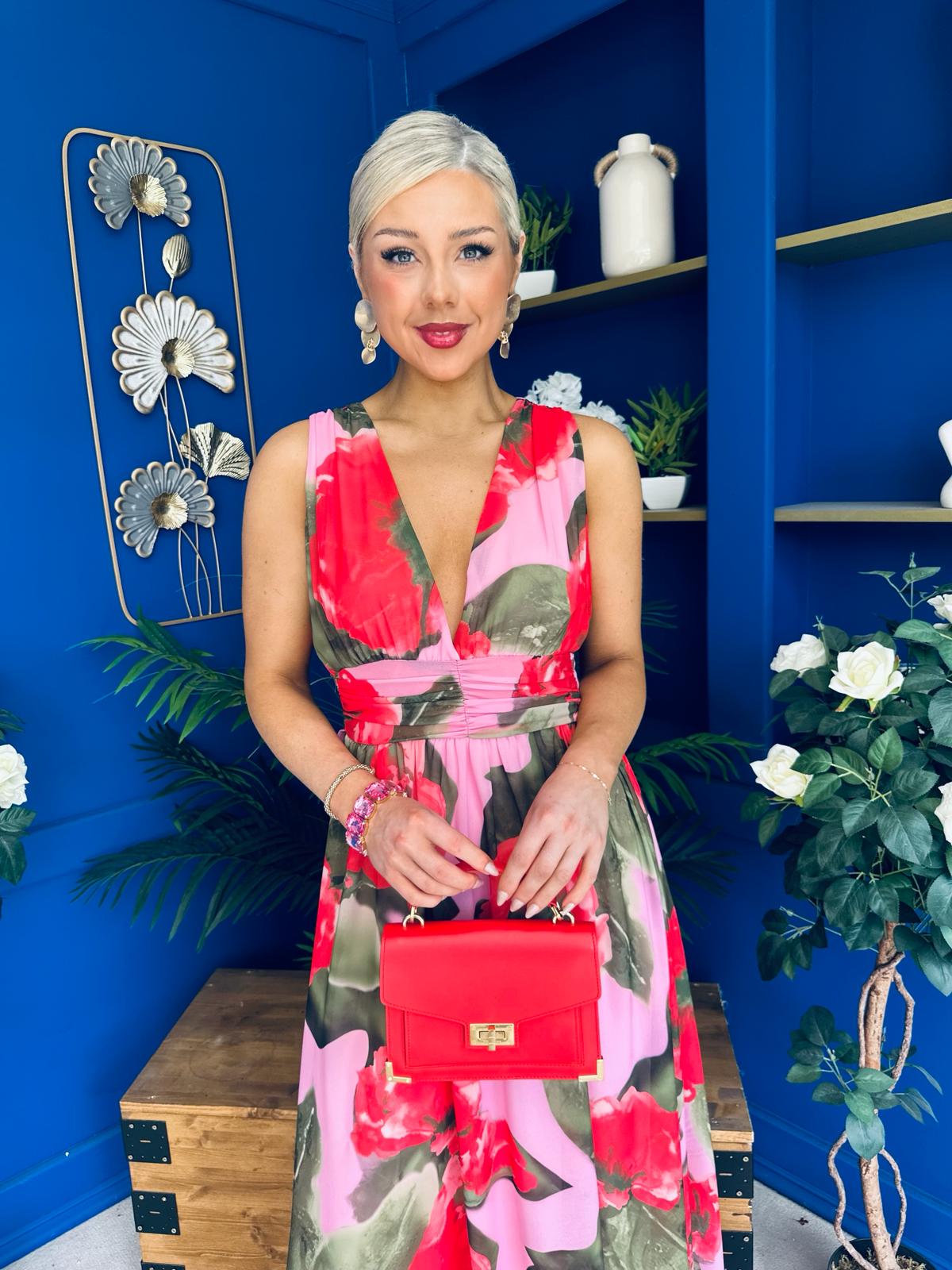 Lindsey Plunge Neck Maxi Dress Floral Pink