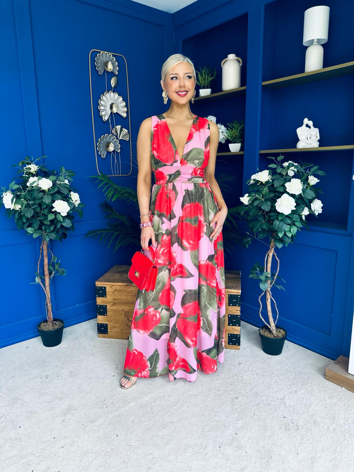 Lindsey Plunge Neck Maxi Dress Floral Pink