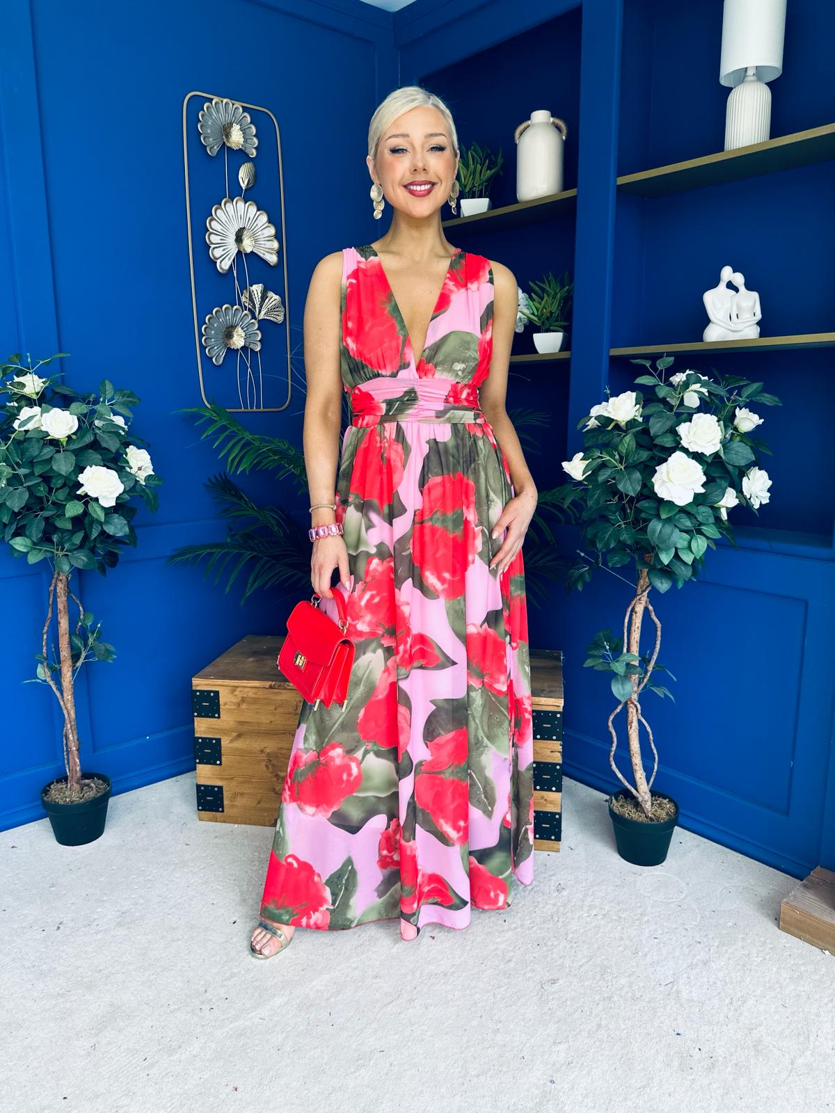Lindsey Plunge Neck Maxi Dress Floral Pink