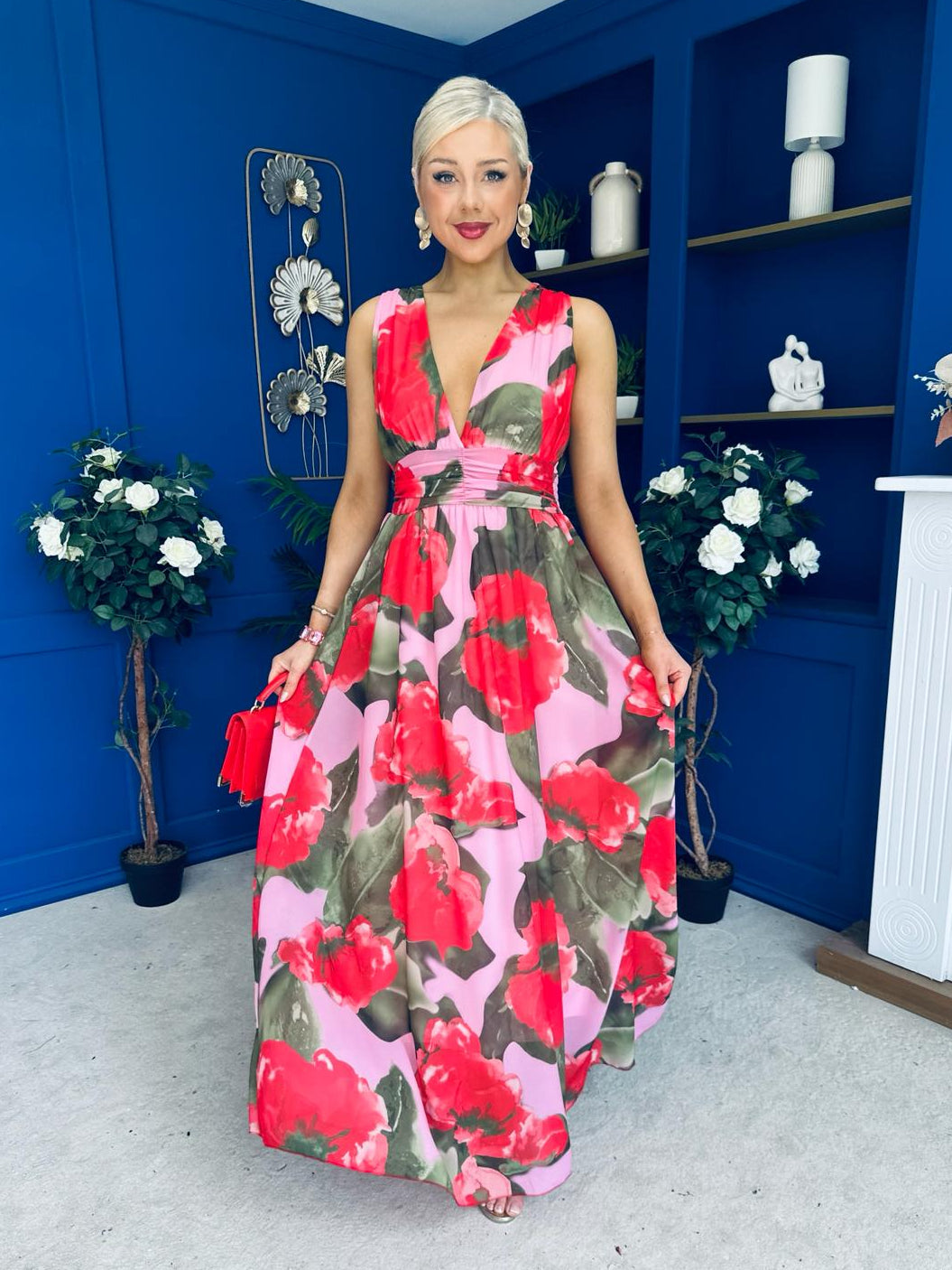 Lindsey Plunge Neck Maxi Dress Floral Pink