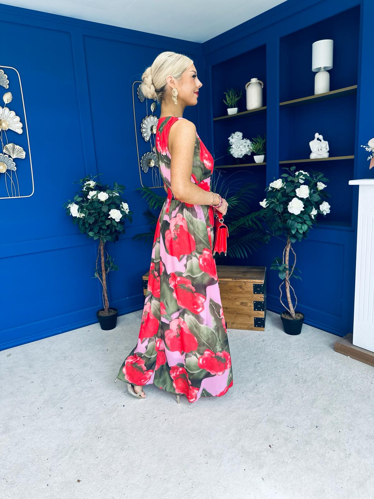 Lindsey Plunge Neck Maxi Dress Floral Pink
