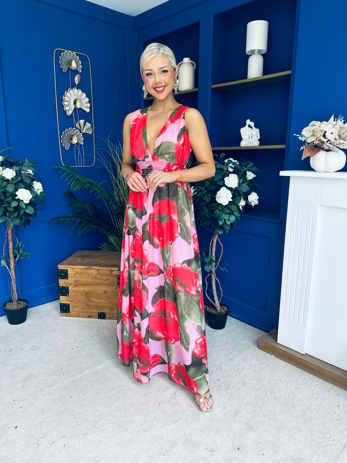 Lindsey Plunge Neck Maxi Dress Floral Pink