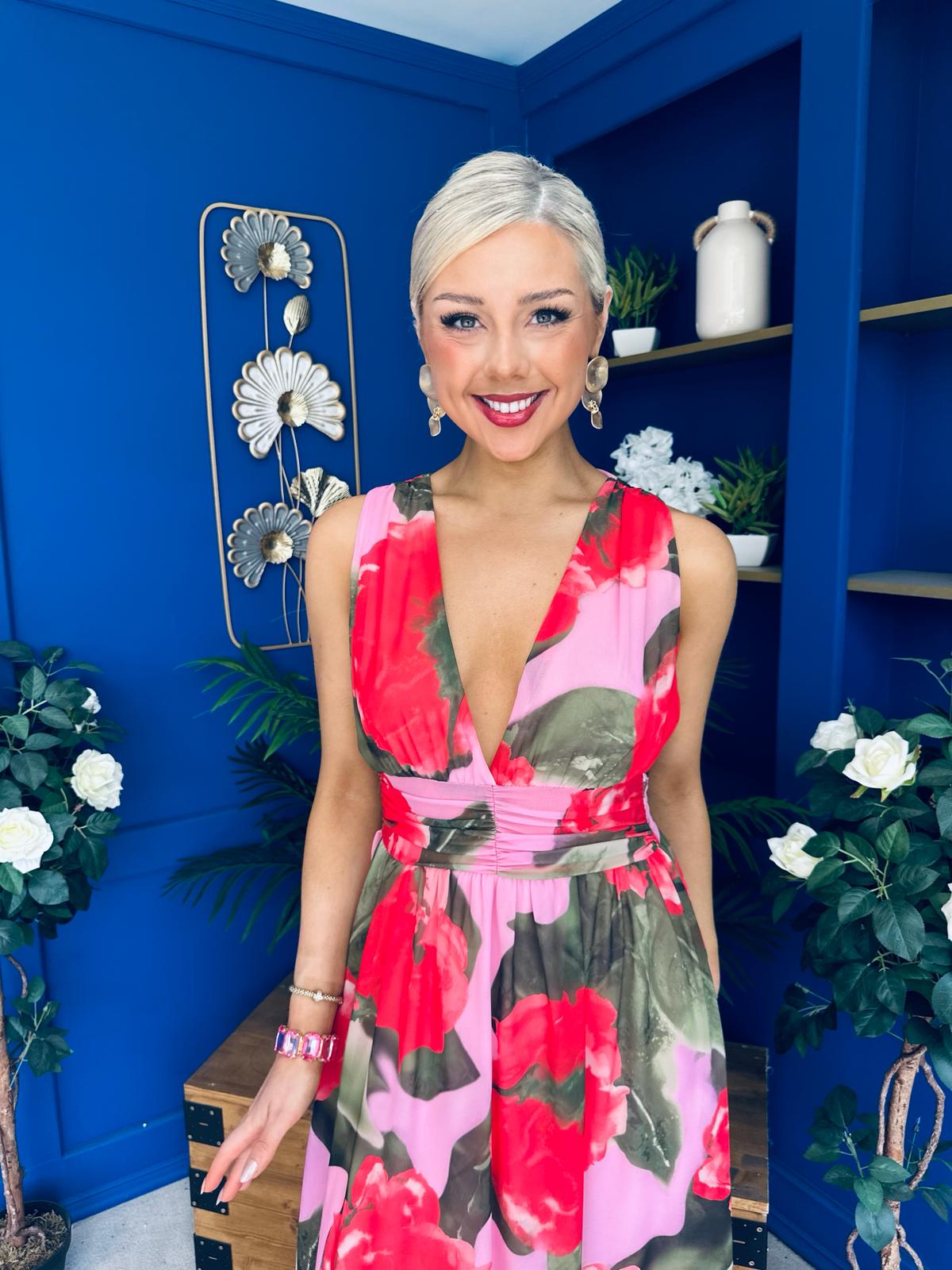 Lindsey Plunge Neck Maxi Dress Floral Pink