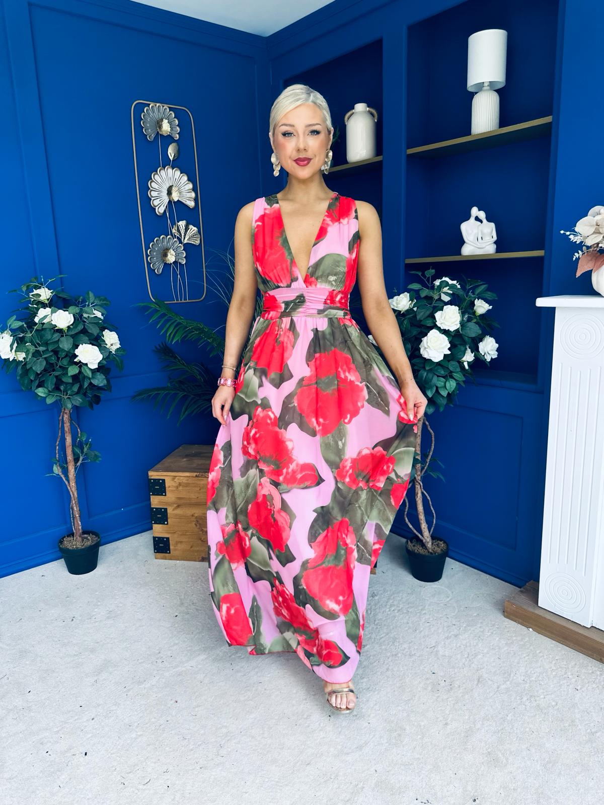 Lindsey Plunge Neck Maxi Dress Floral Pink