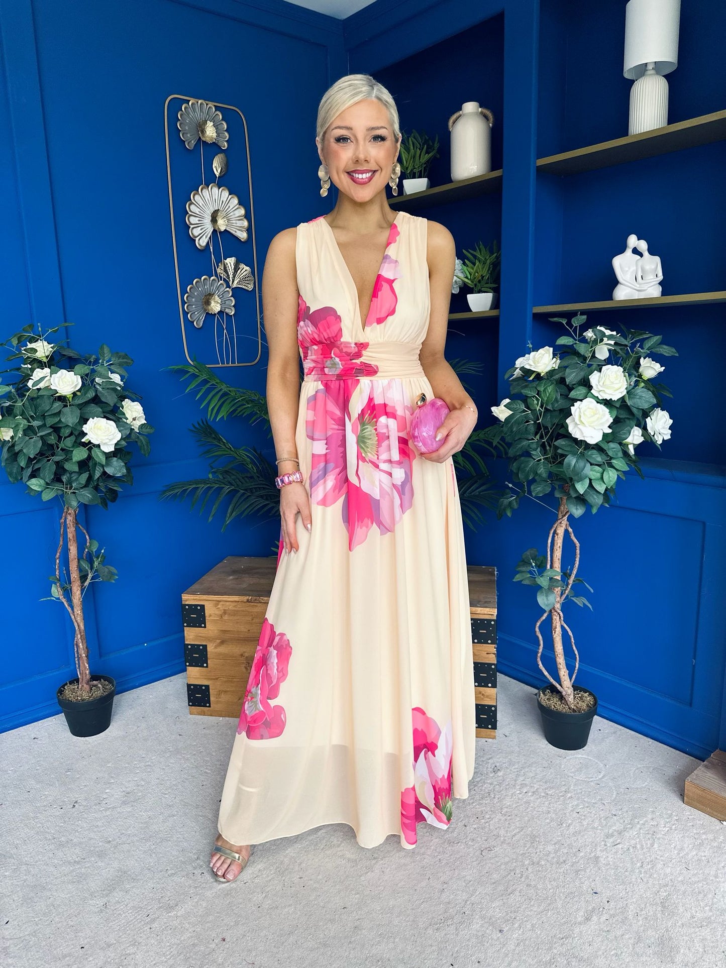 Lindsey Plunge Neck Maxi Dress Floral Yellow