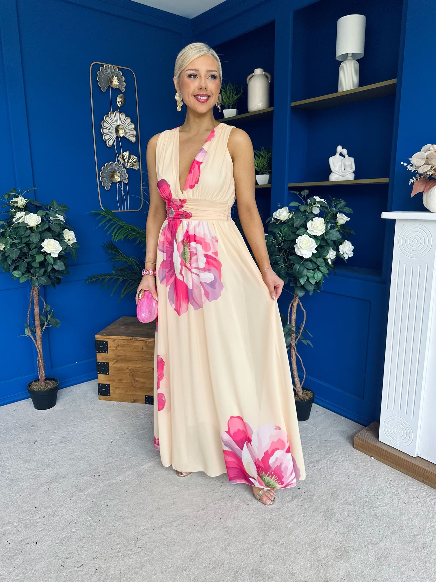 Lindsey Plunge Neck Maxi Dress Floral Yellow