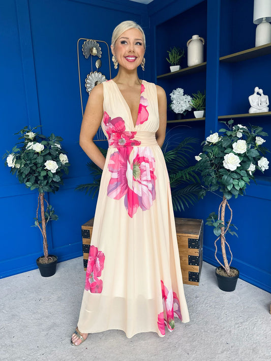 Lindsey Plunge Neck Maxi Dress Floral Yellow