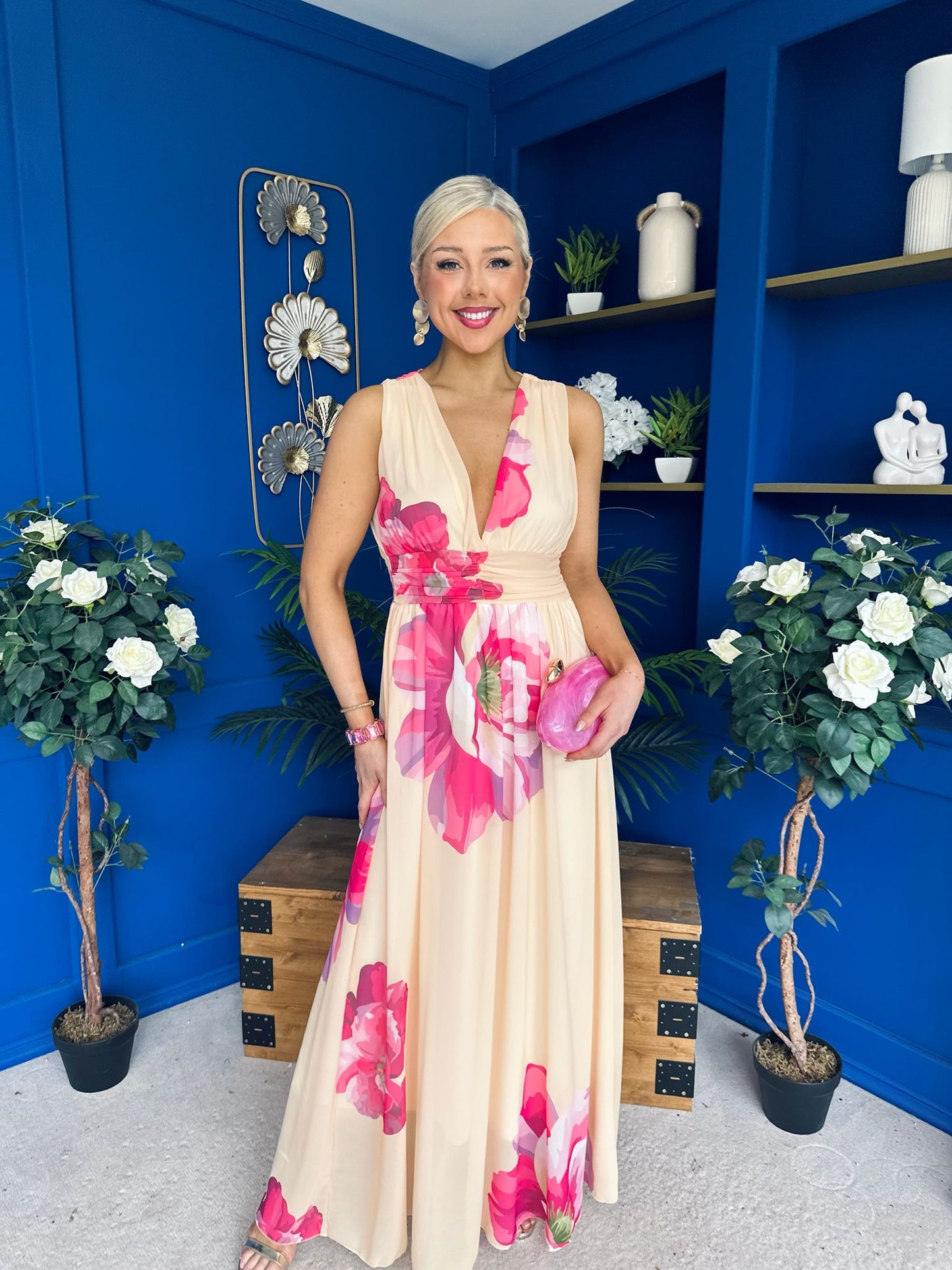 Lindsey Plunge Neck Maxi Dress Floral Yellow