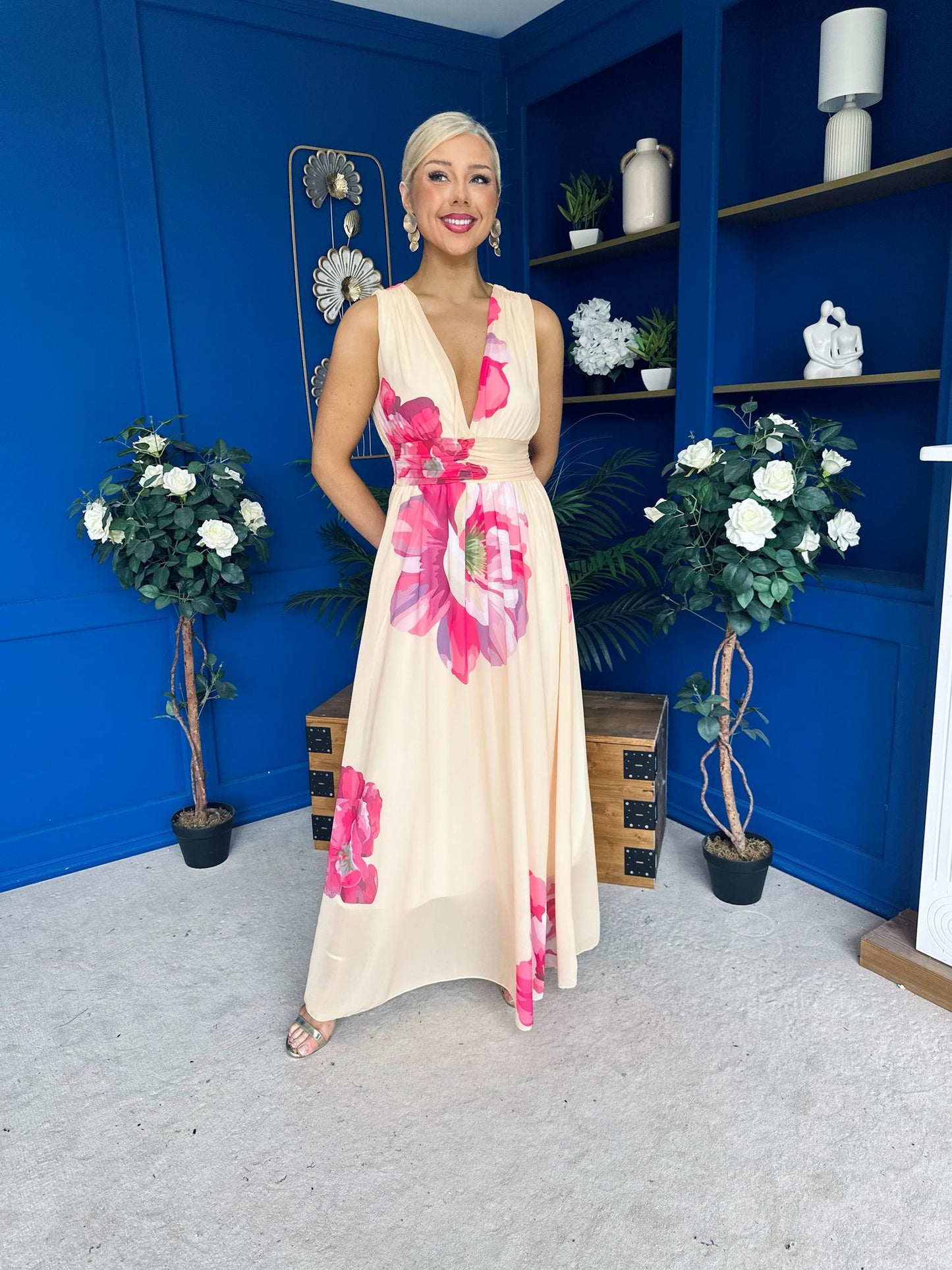 Lindsey Plunge Neck Maxi Dress Floral Yellow