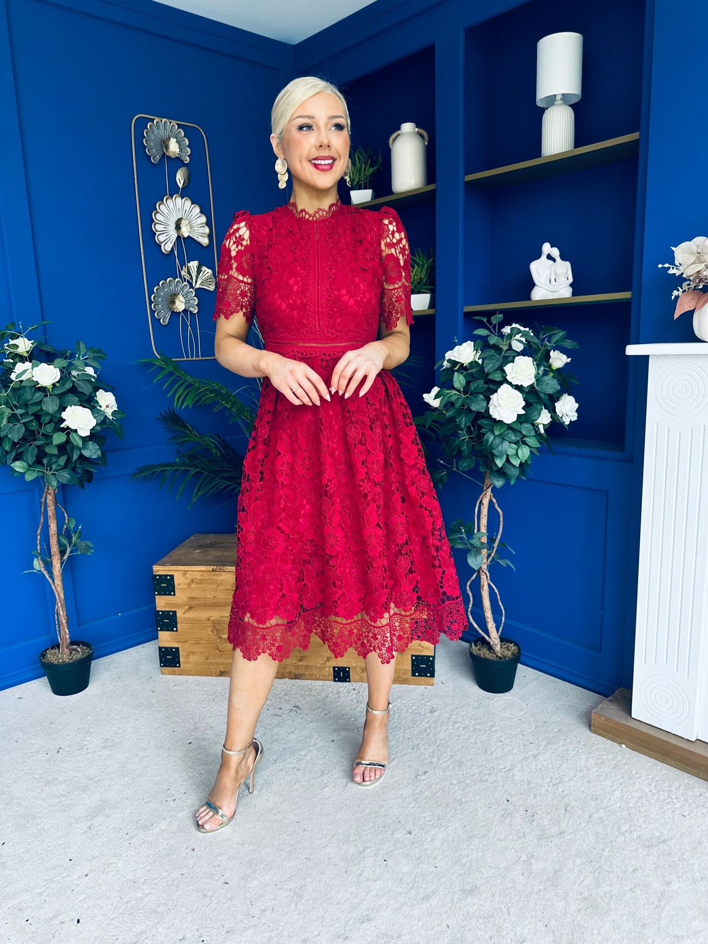 Kimmy Crochet Occasion Midi Dress Ruby