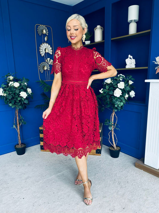 Kimmy Crochet Occasion Midi Dress Ruby