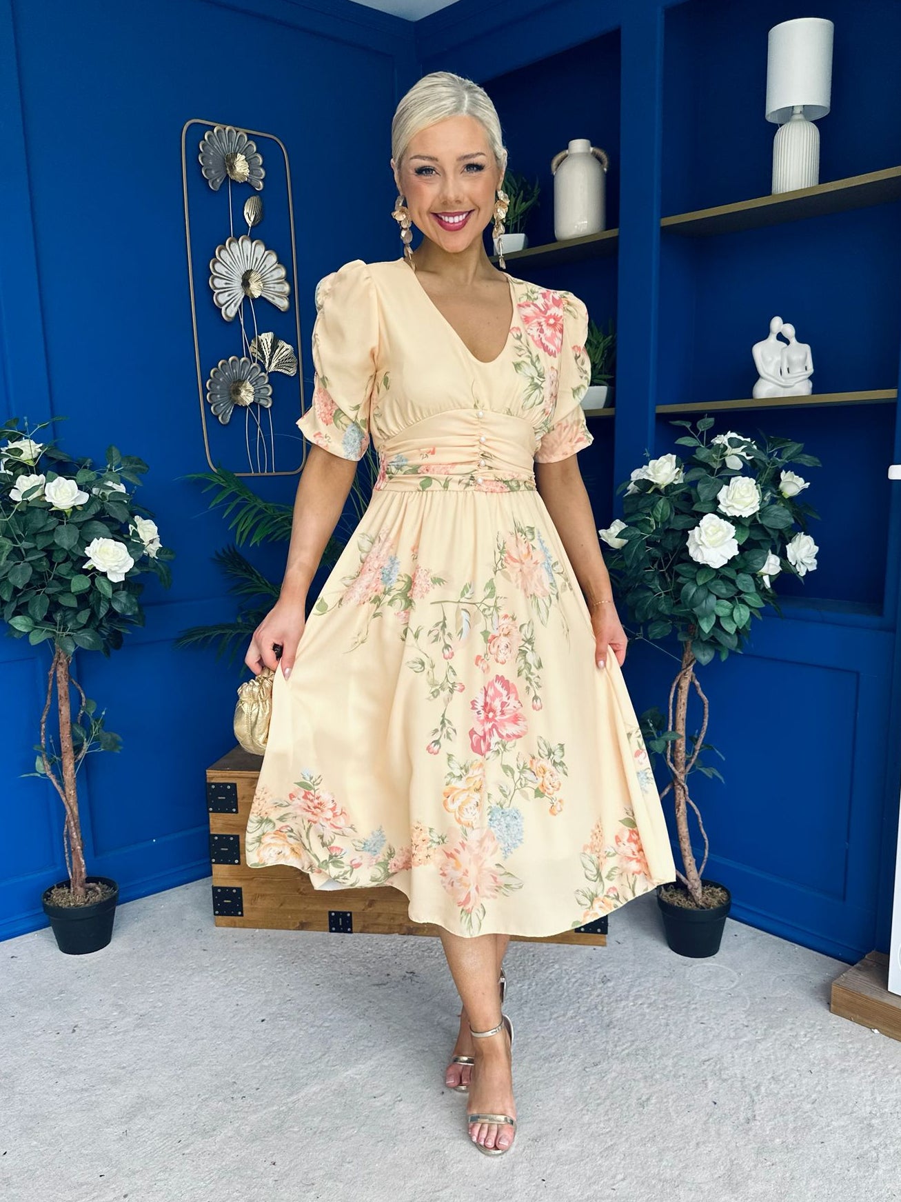 Glenda Banded Midi Dress Floral Yellow