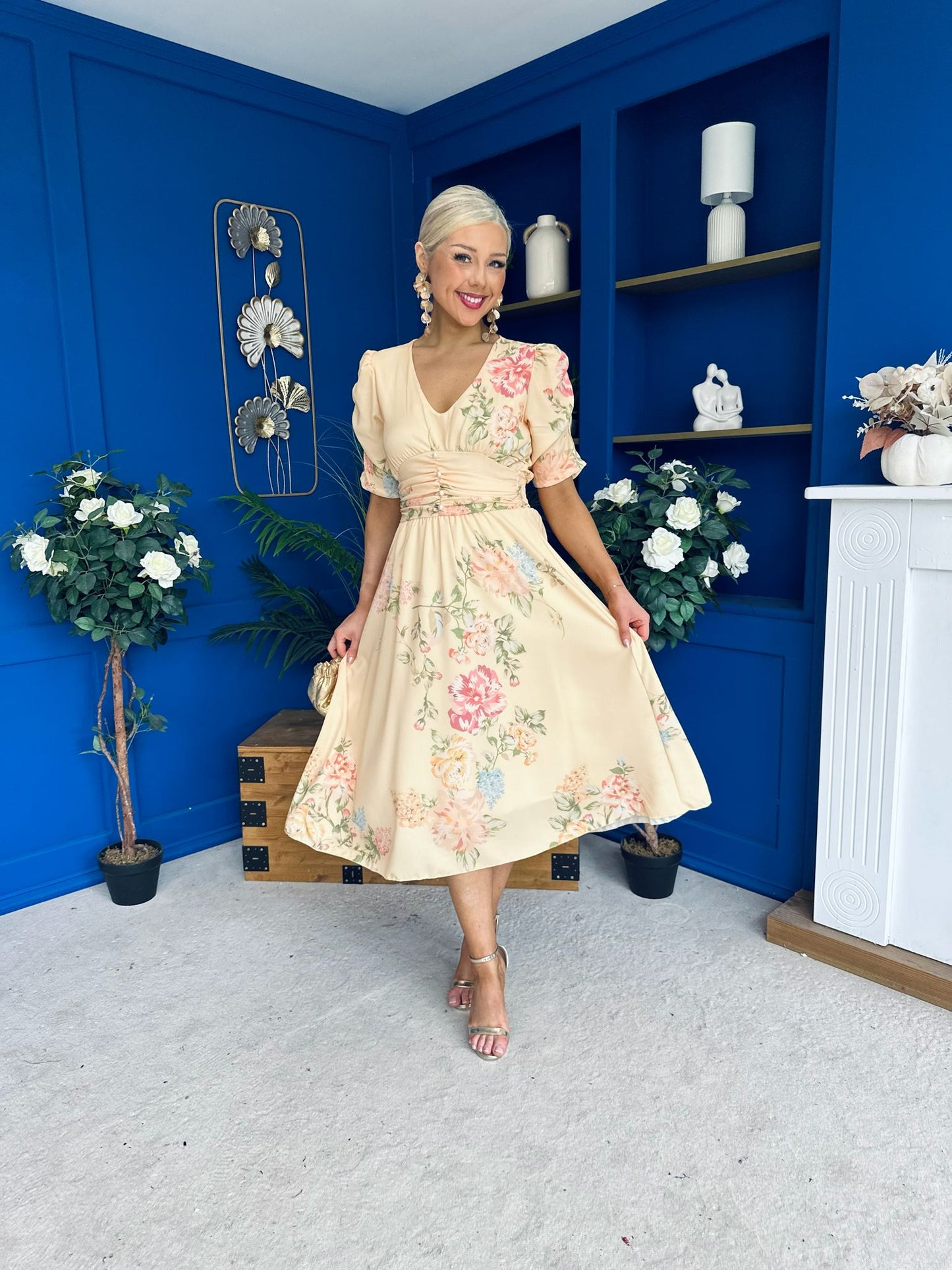 Glenda Banded Midi Dress Floral Yellow