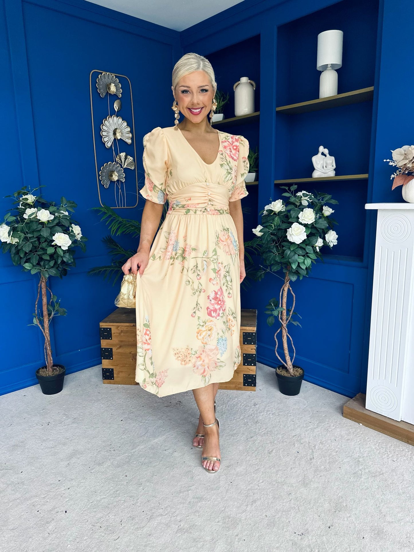 Glenda Banded Midi Dress Floral Yellow