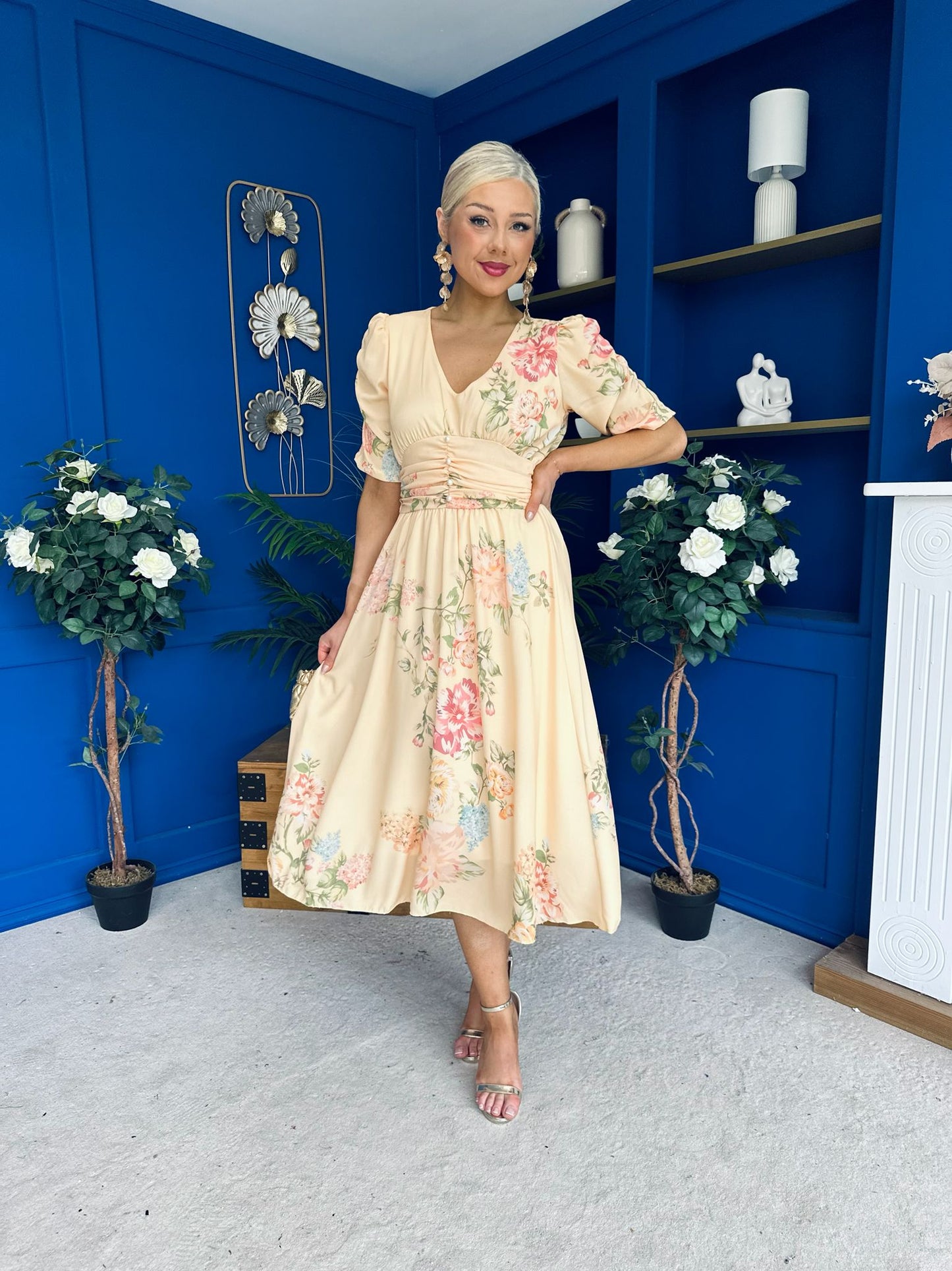 Glenda Banded Midi Dress Floral Yellow