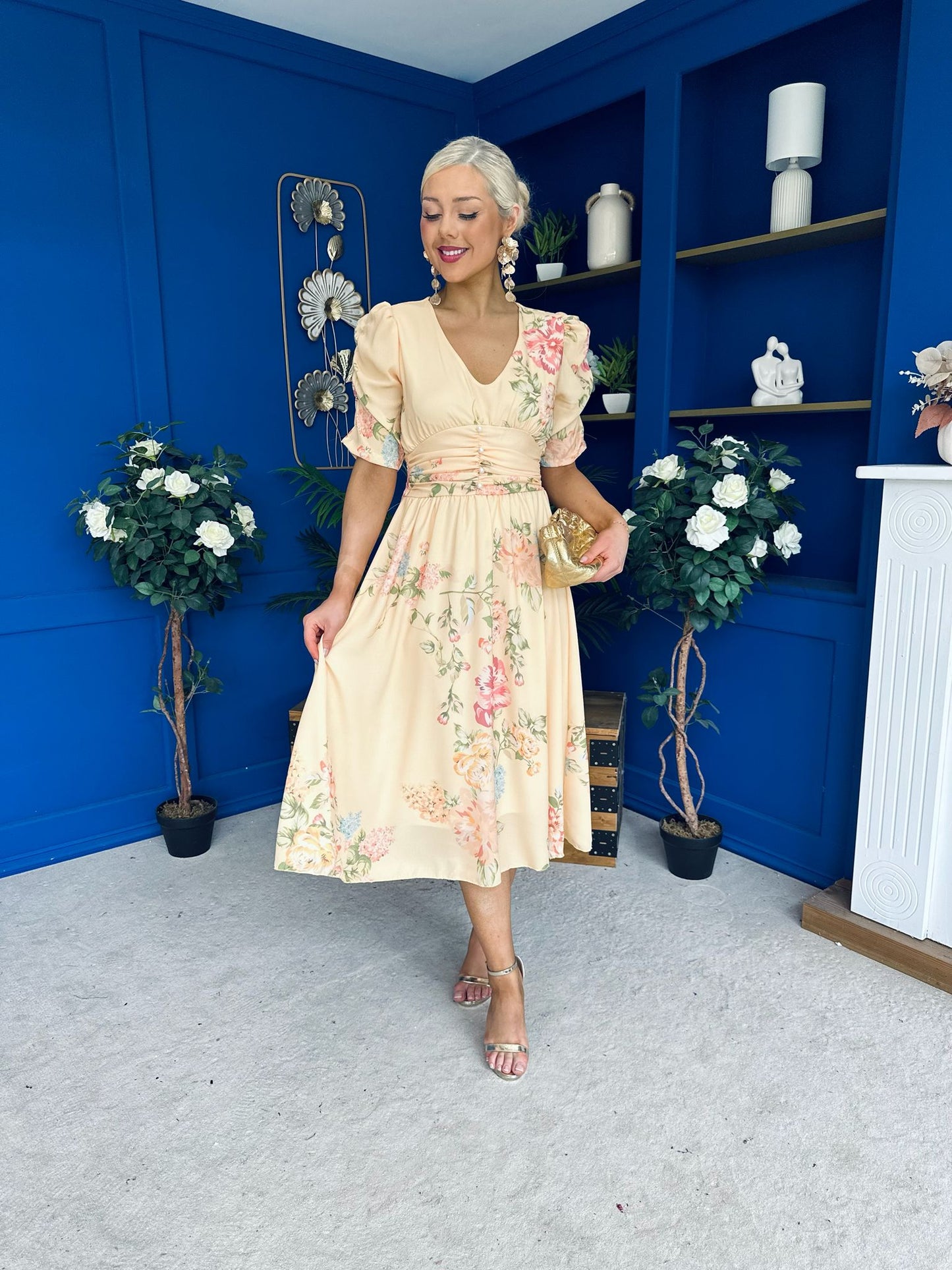 Glenda Banded Midi Dress Floral Yellow