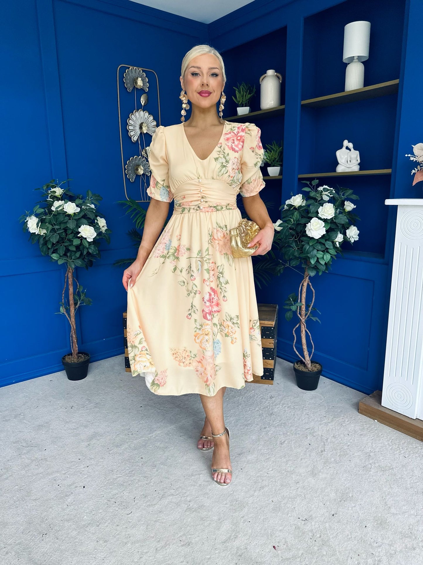 Glenda Banded Midi Dress Floral Yellow