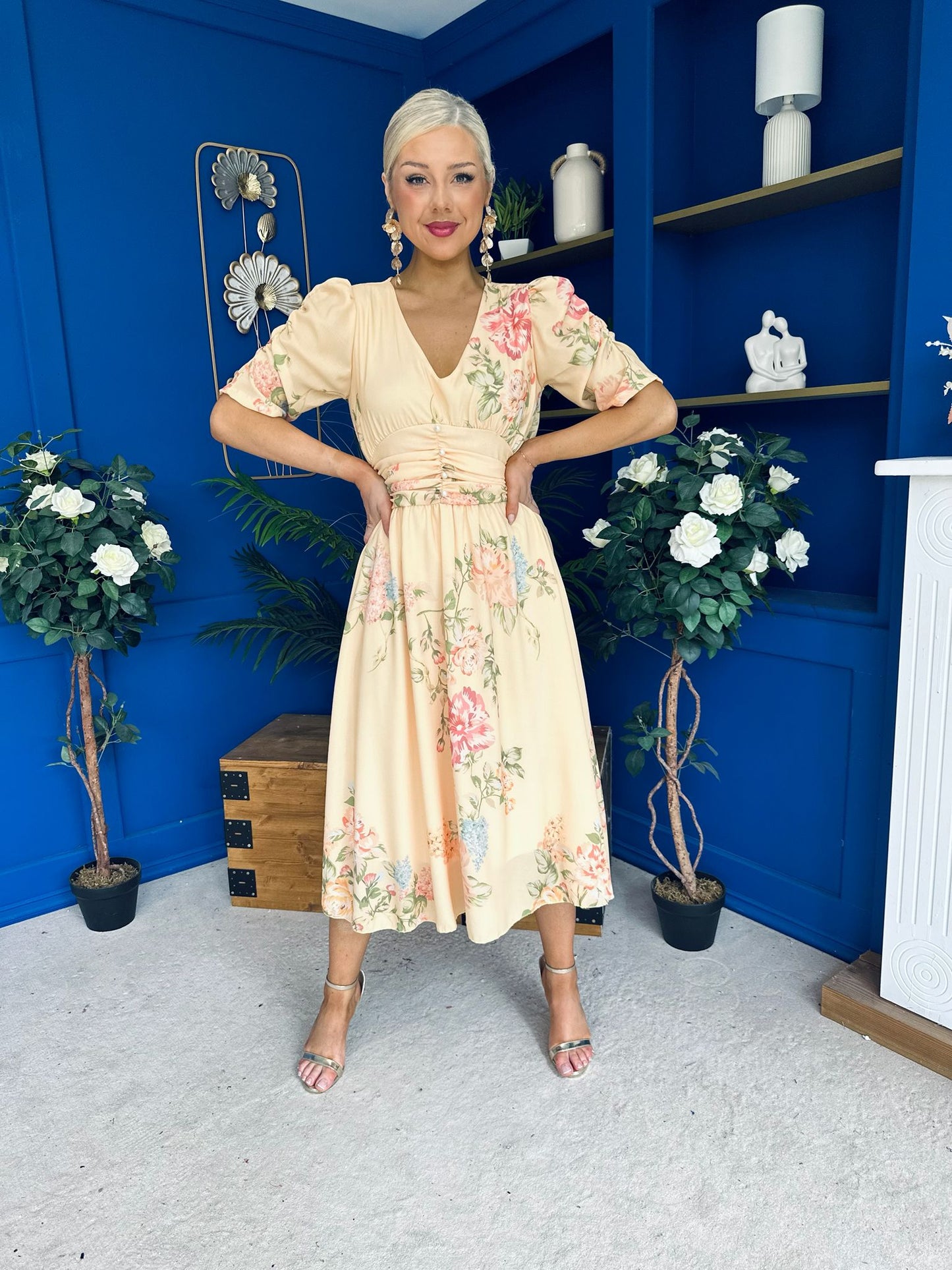 Glenda Banded Midi Dress Floral Yellow