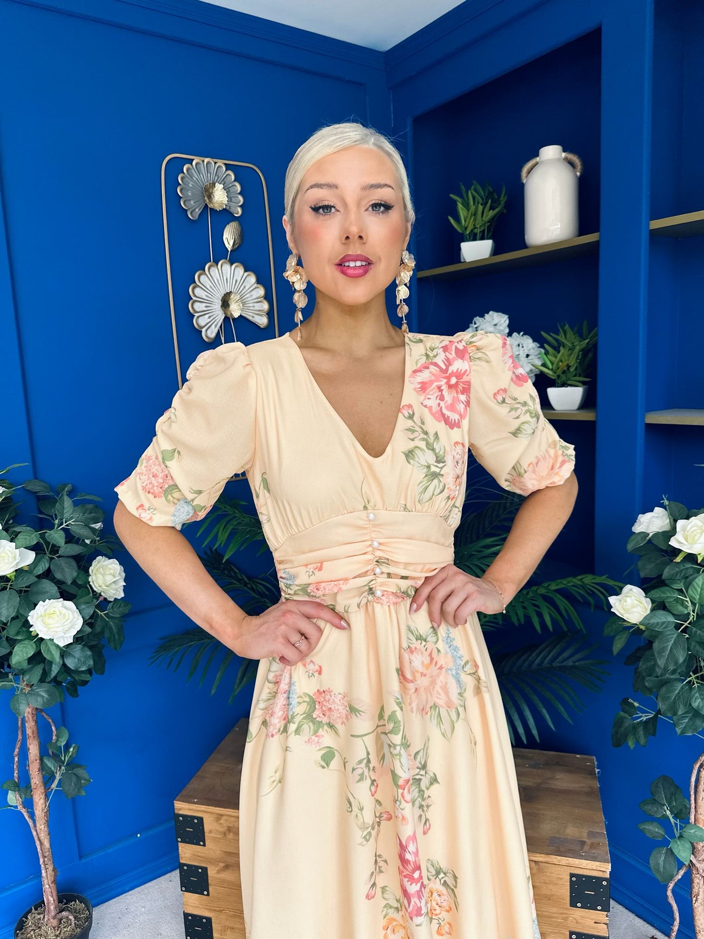 Glenda Banded Midi Dress Floral Yellow
