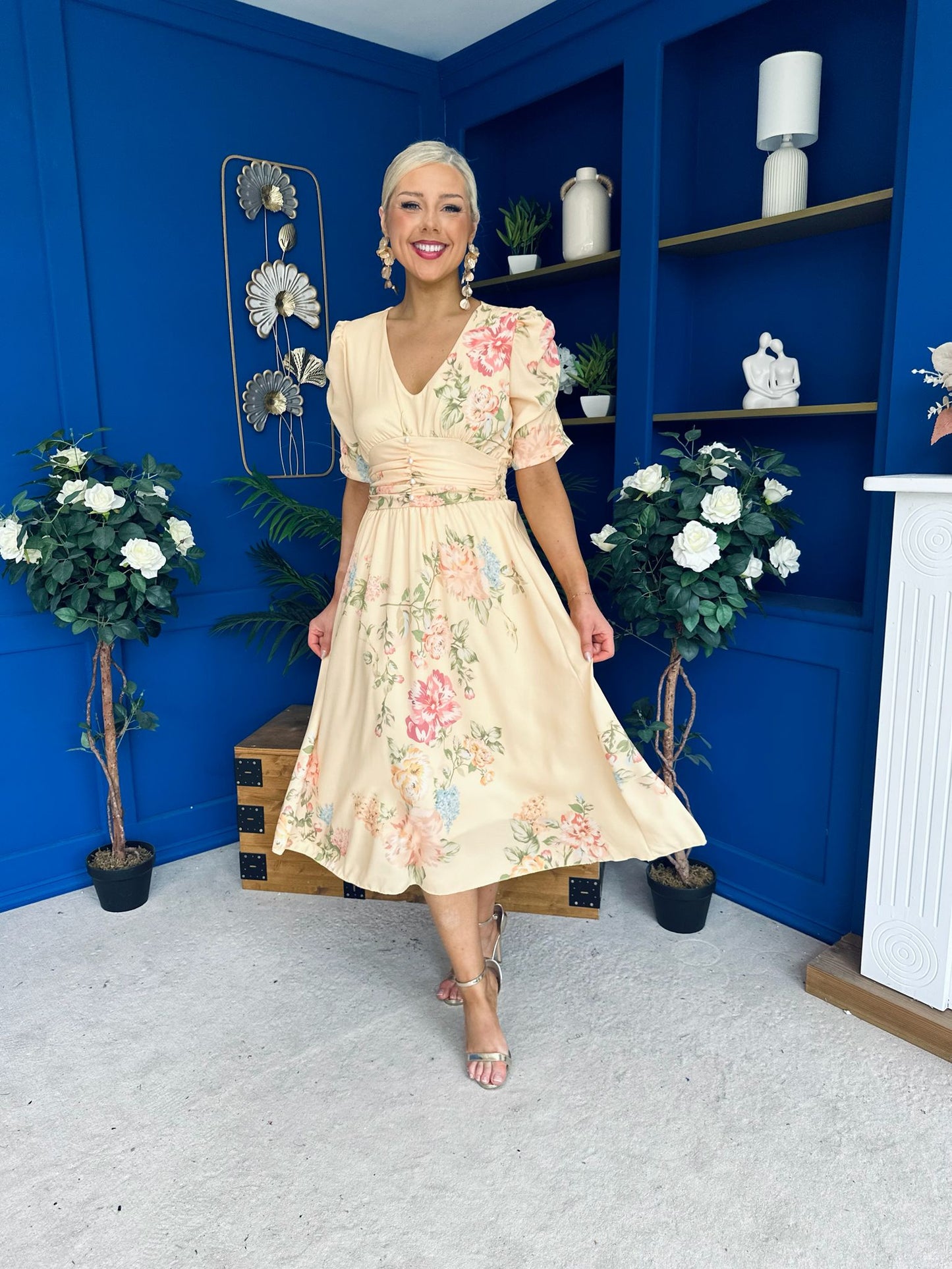 Glenda Banded Midi Dress Floral Yellow