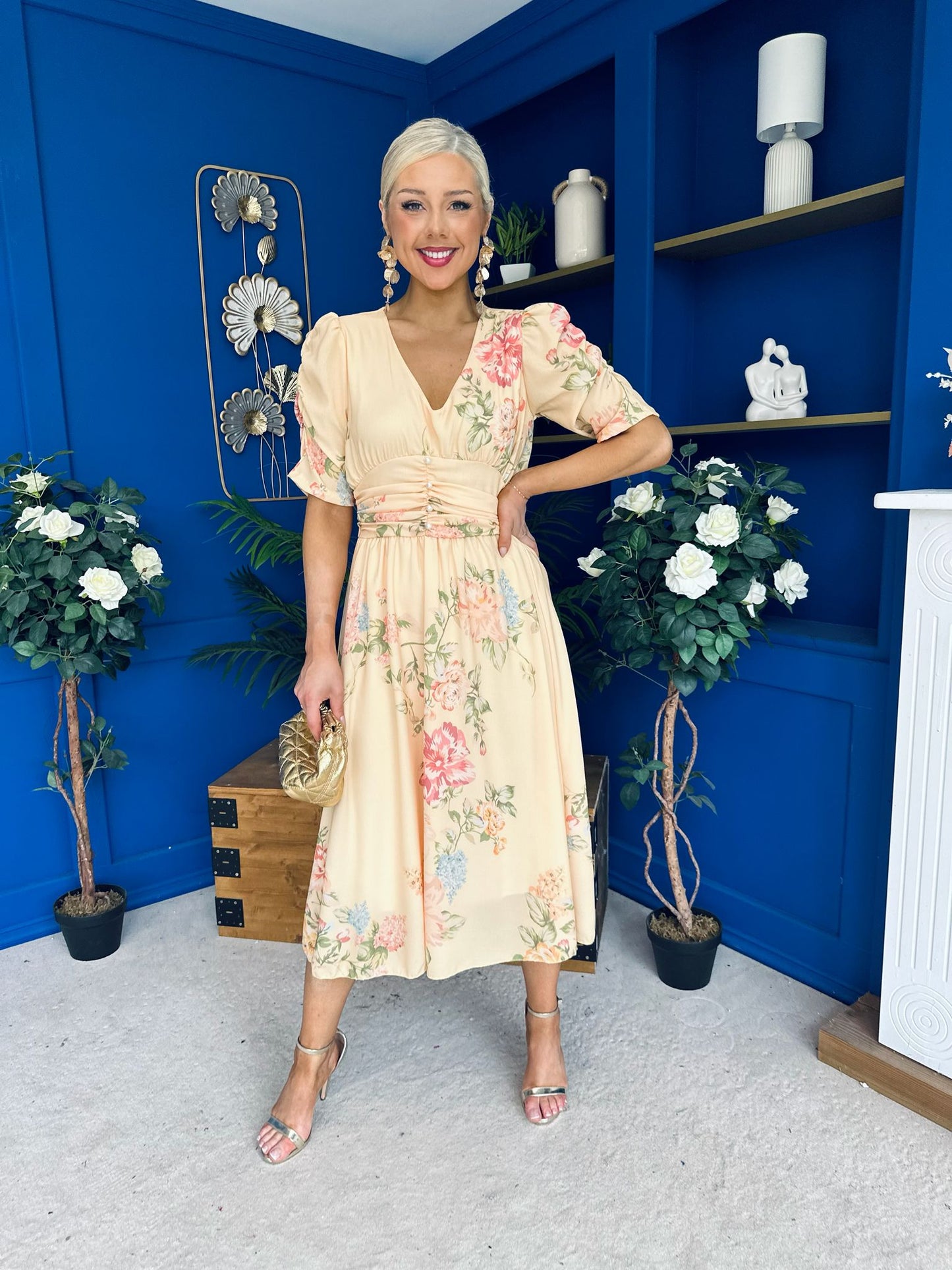 Glenda Banded Midi Dress Floral Yellow
