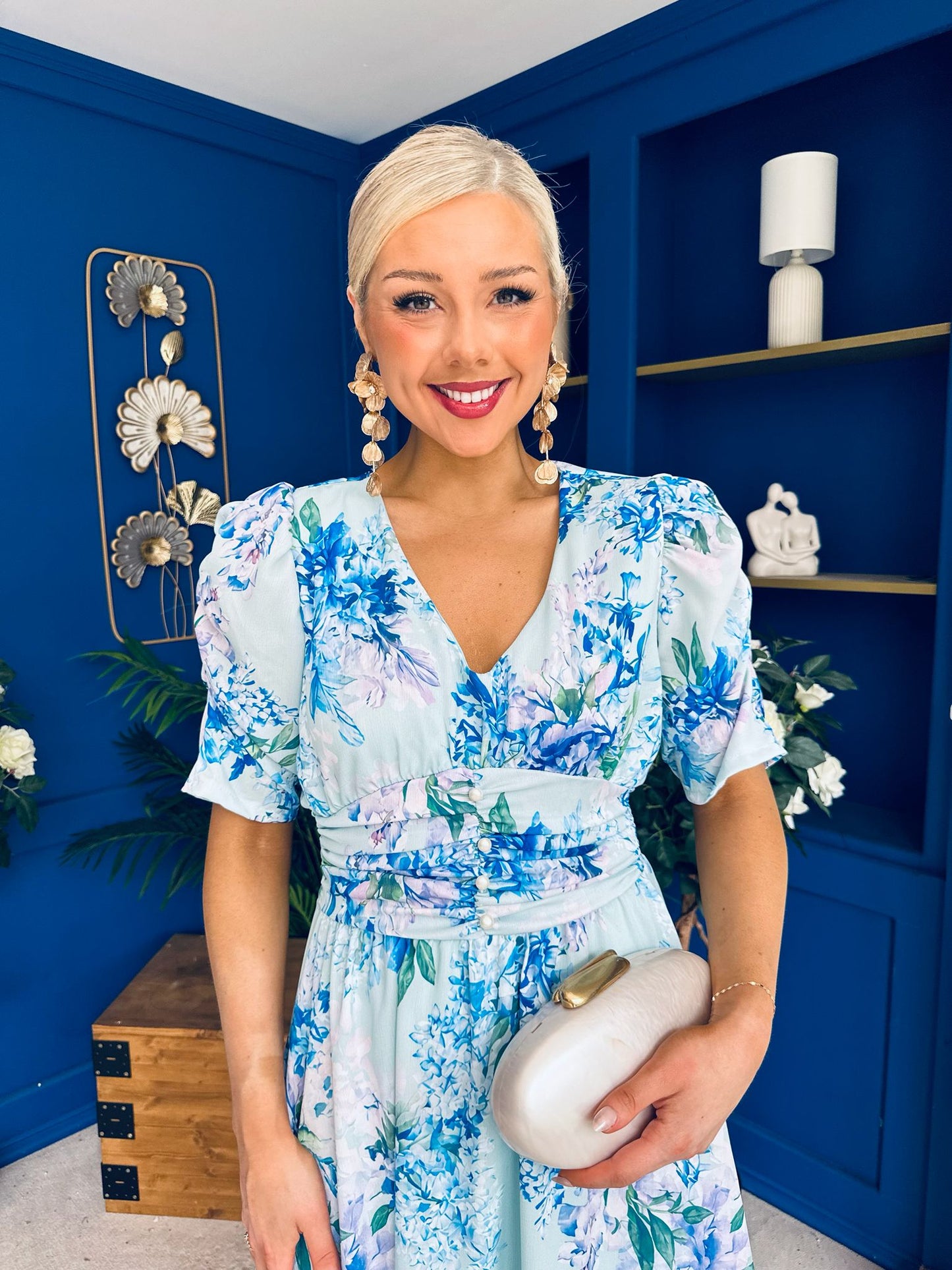 Glenda Banded Midi Dress Floral Blue