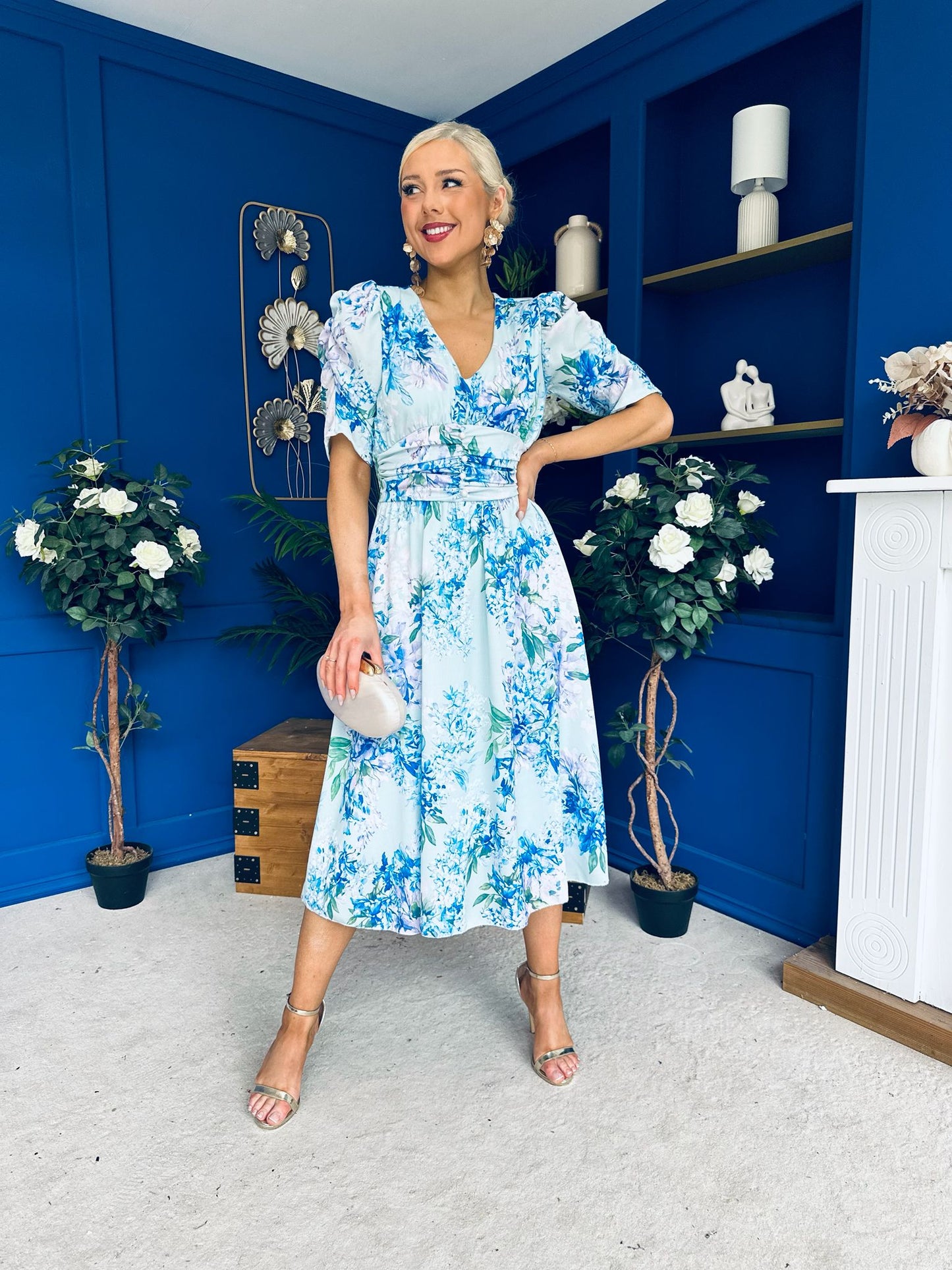 Glenda Banded Midi Dress Floral Blue