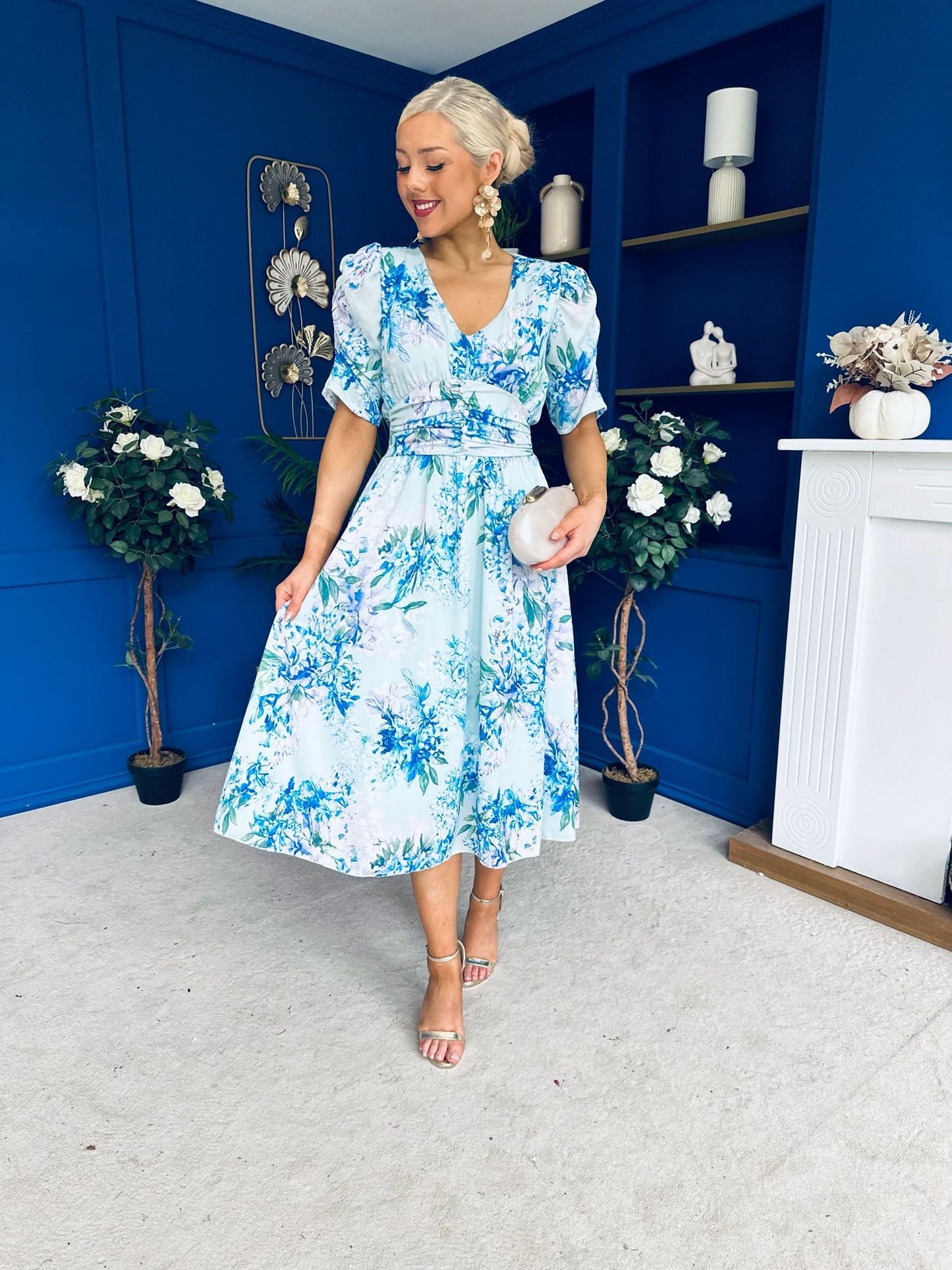 Glenda Banded Midi Dress Floral Blue
