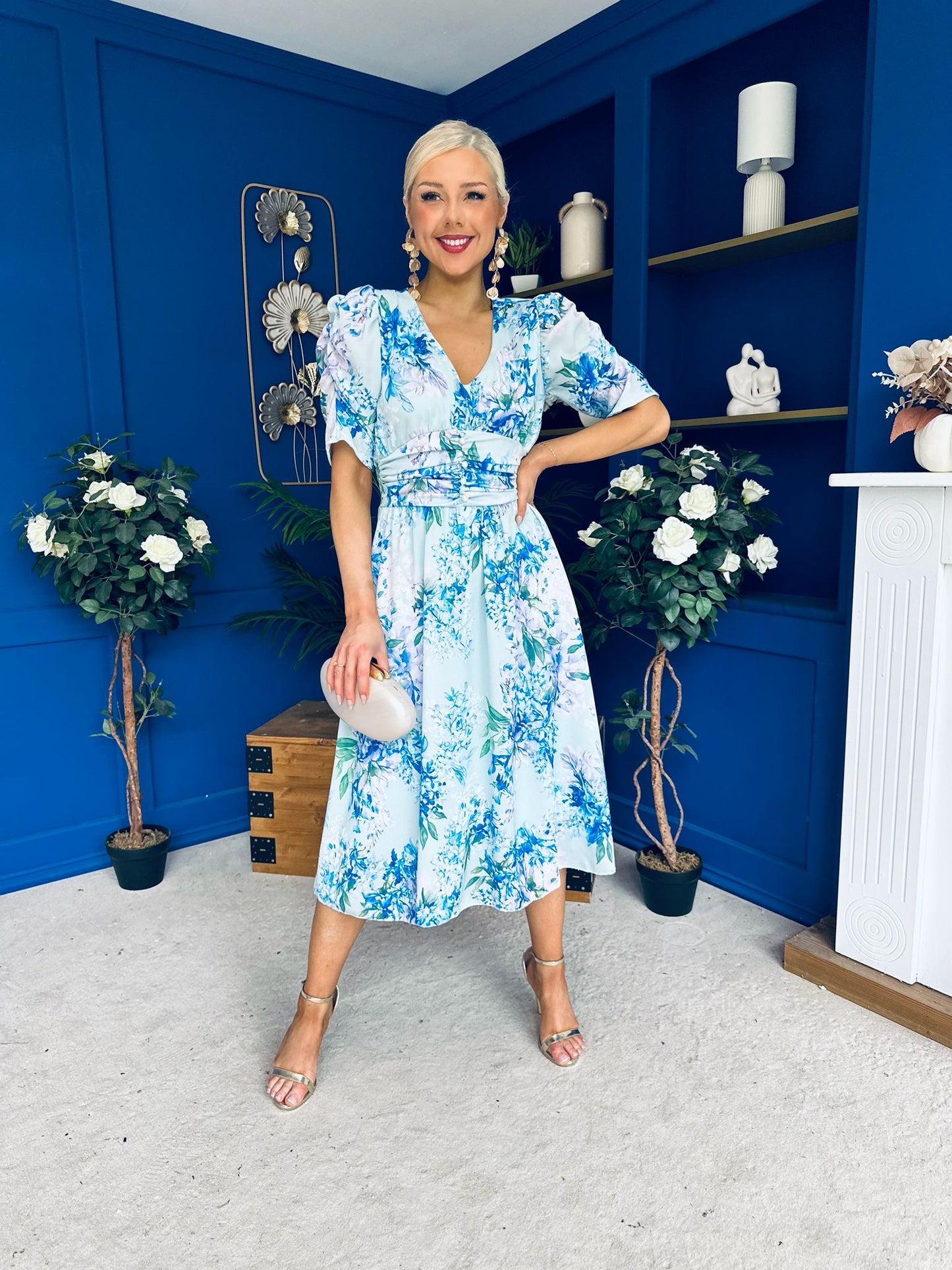 Glenda Banded Midi Dress Floral Blue