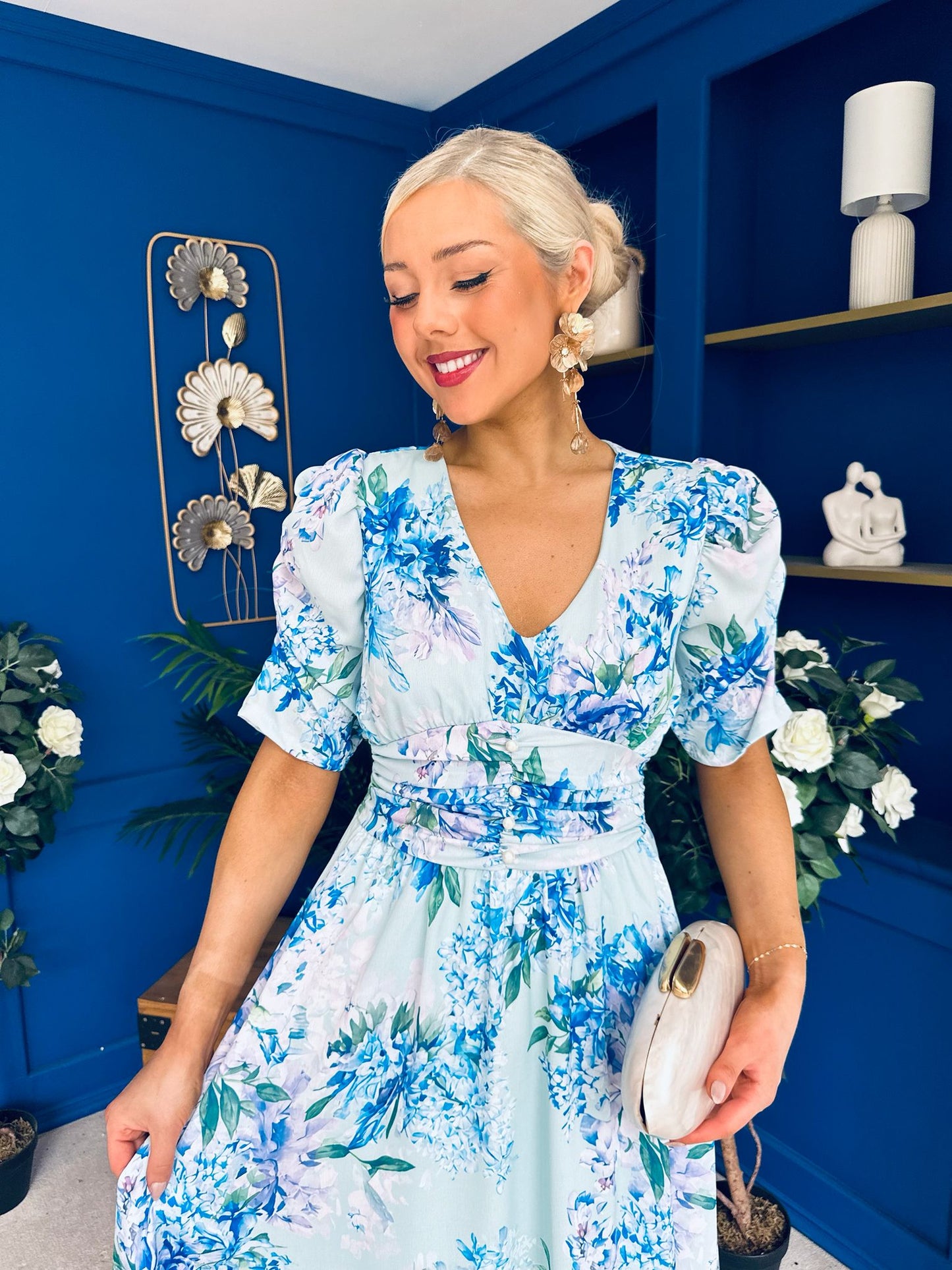 Glenda Banded Midi Dress Floral Blue