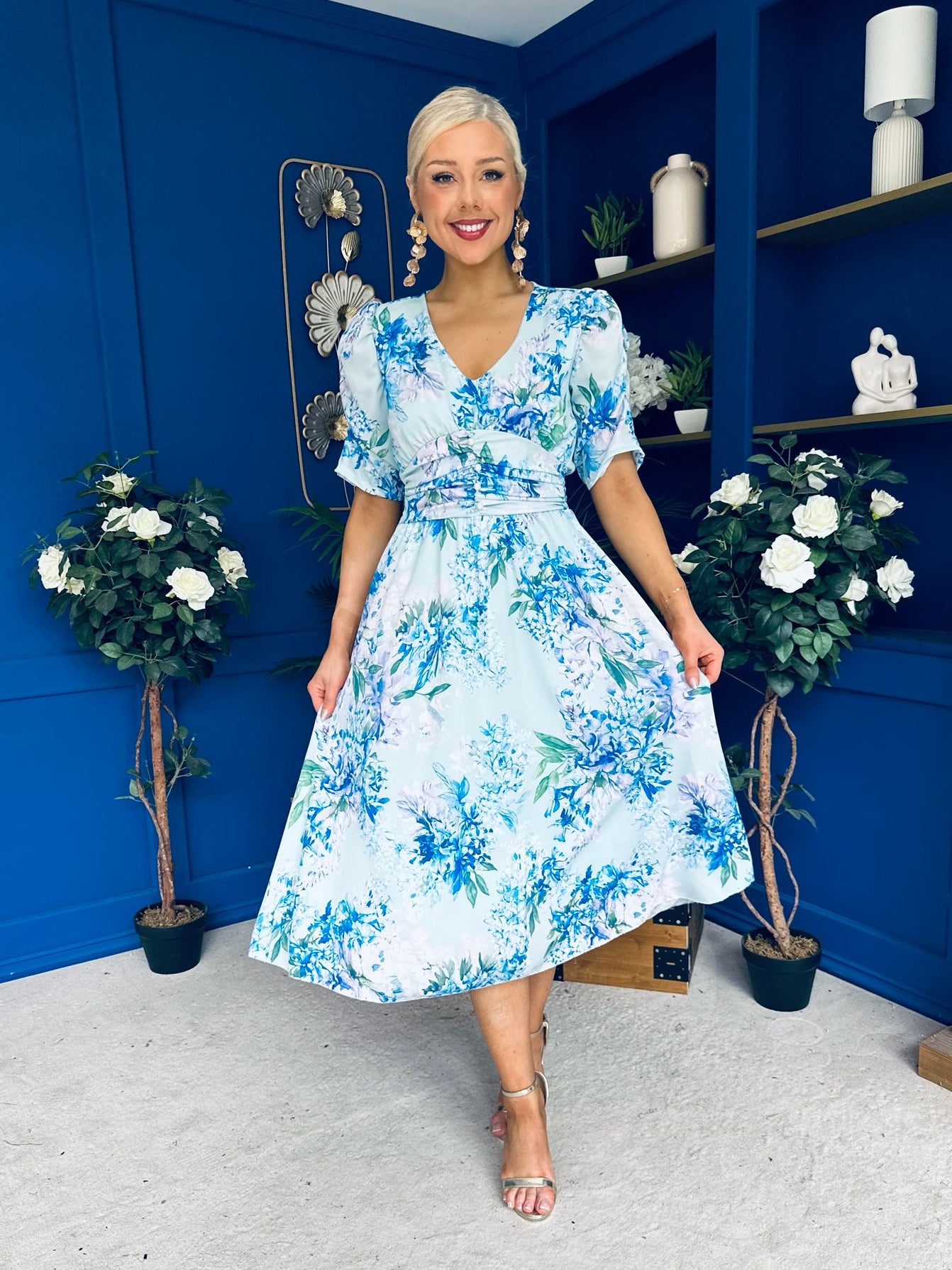 Glenda Banded Midi Dress Floral Blue