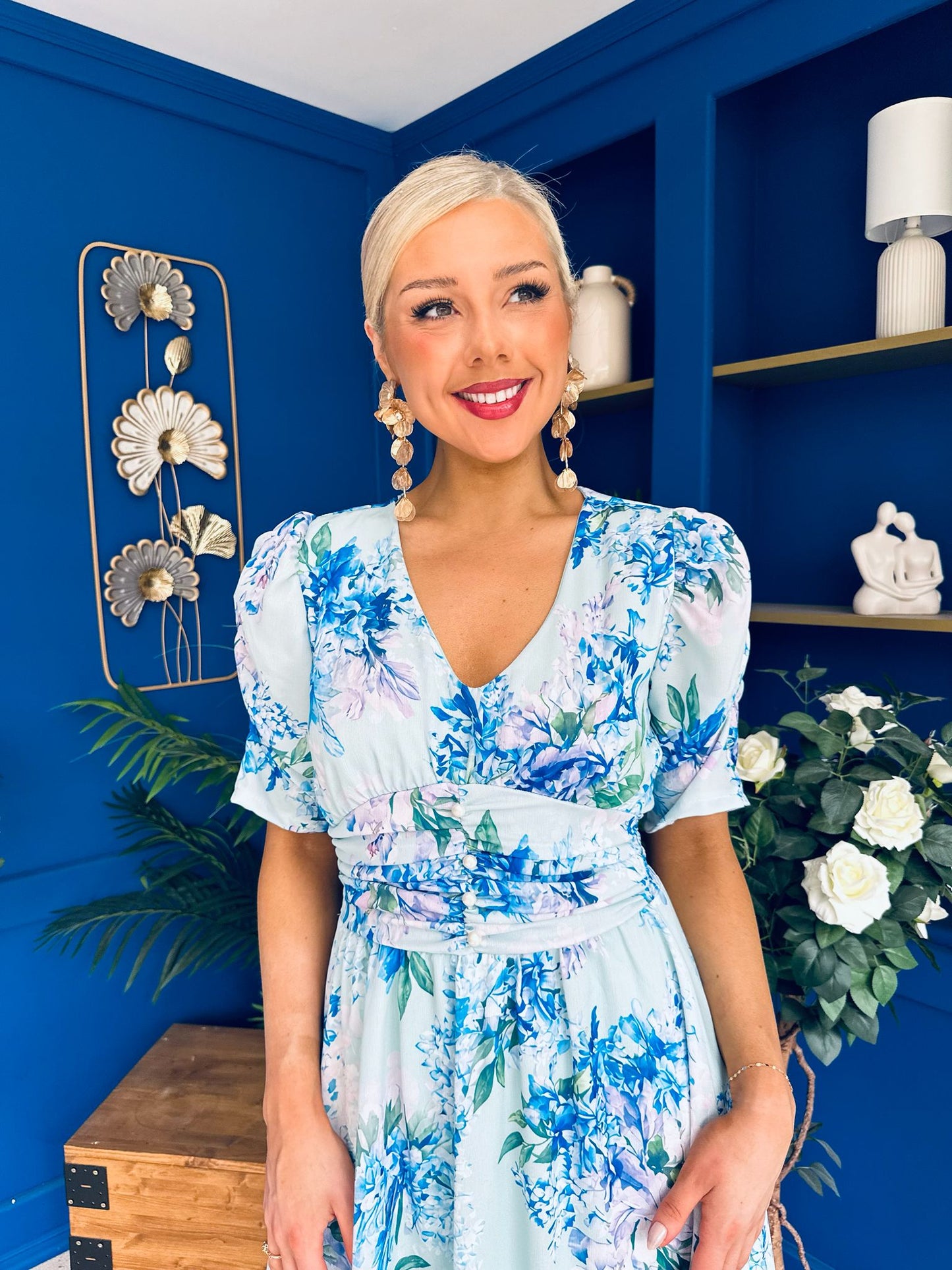 Glenda Banded Midi Dress Floral Blue