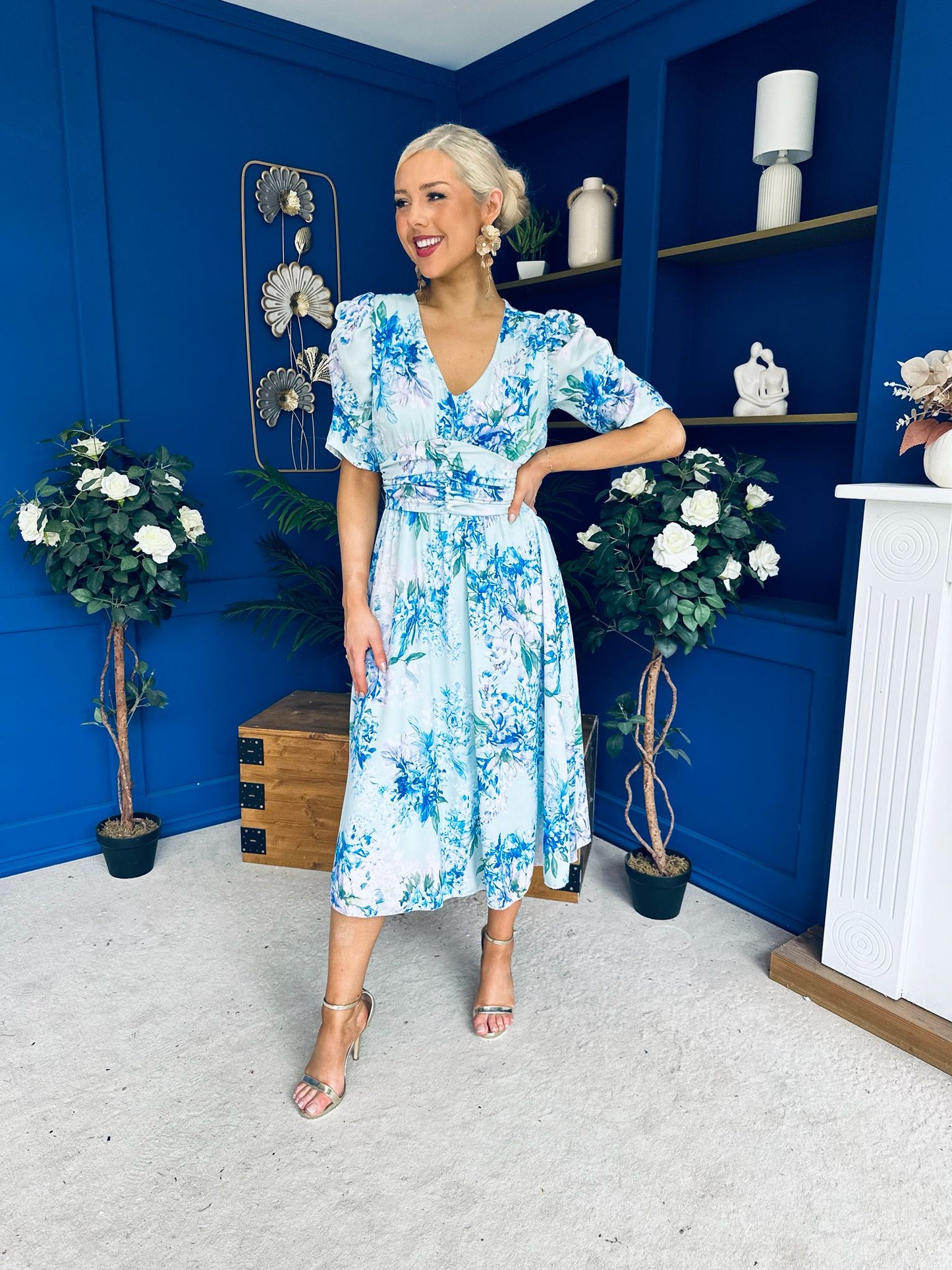 Glenda Banded Midi Dress Floral Blue