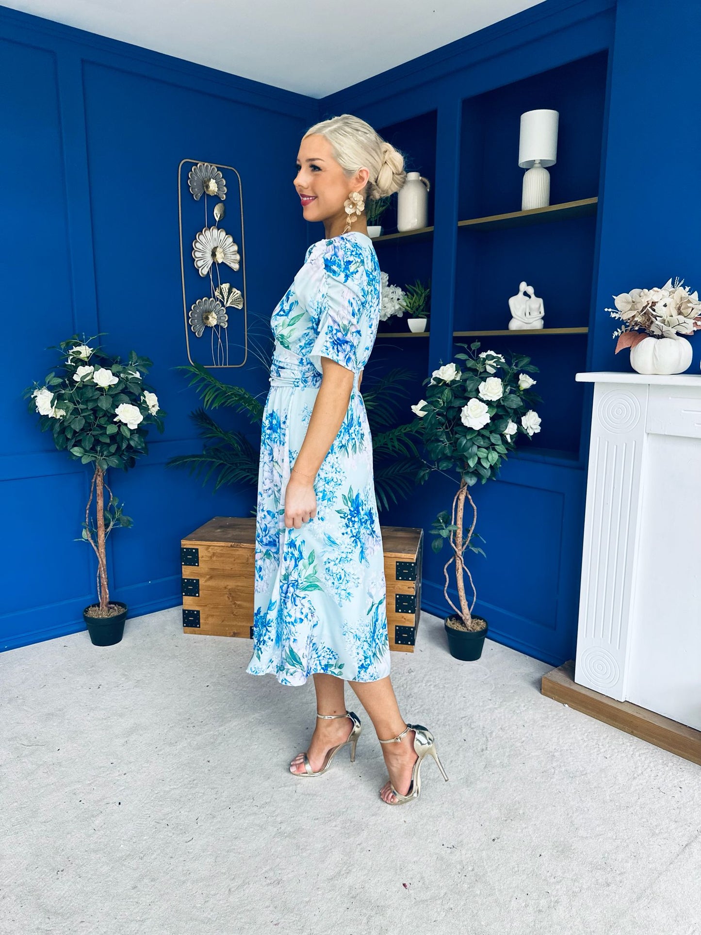 Glenda Banded Midi Dress Floral Blue