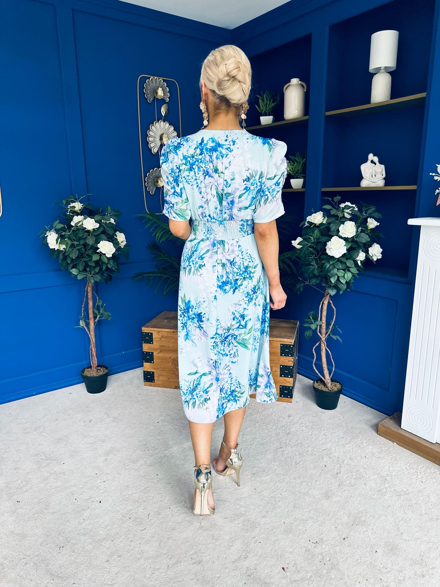 Glenda Banded Midi Dress Floral Blue