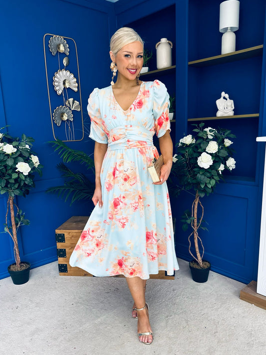 Glenda Banded Midi Dress Floral Pastel