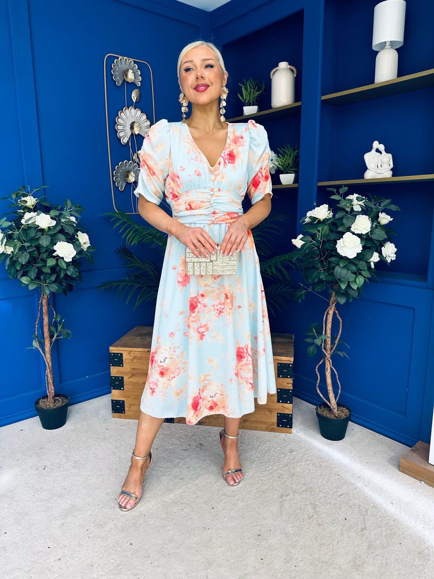 Glenda Banded Midi Dress Floral Pastel