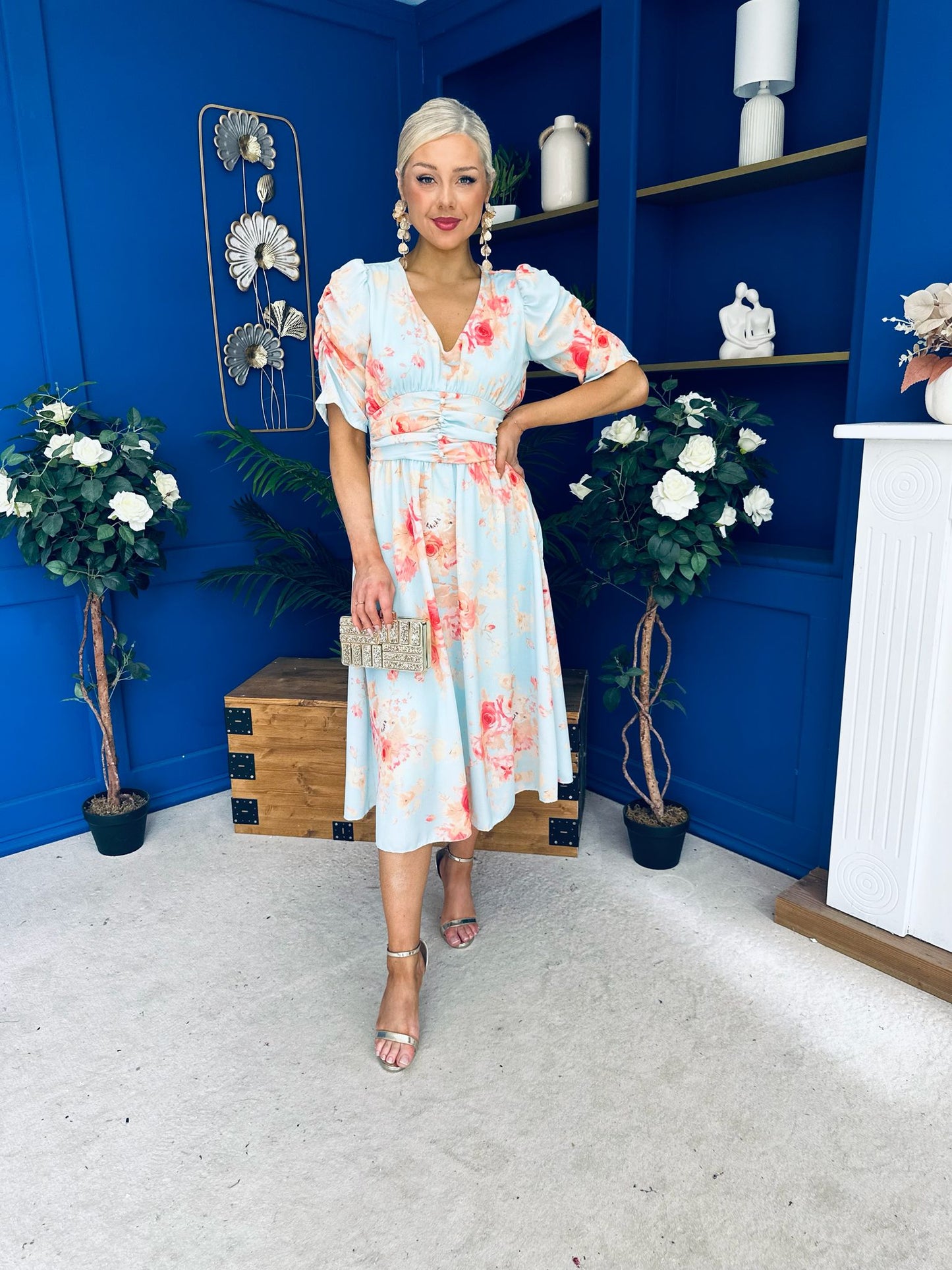 Glenda Banded Midi Dress Floral Pastel