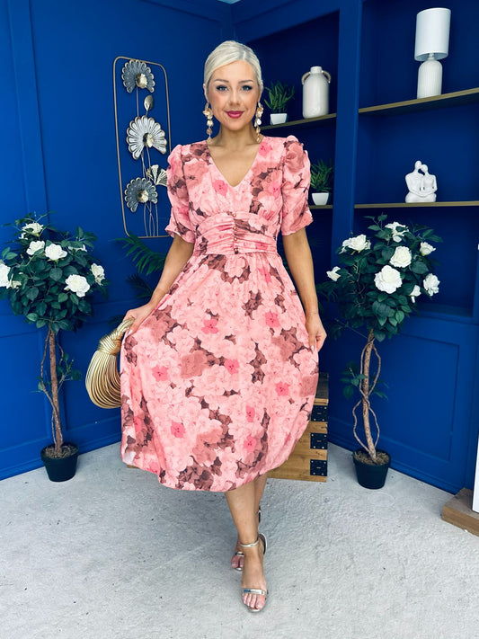 Glenda Banded Midi Dress Floral Blush