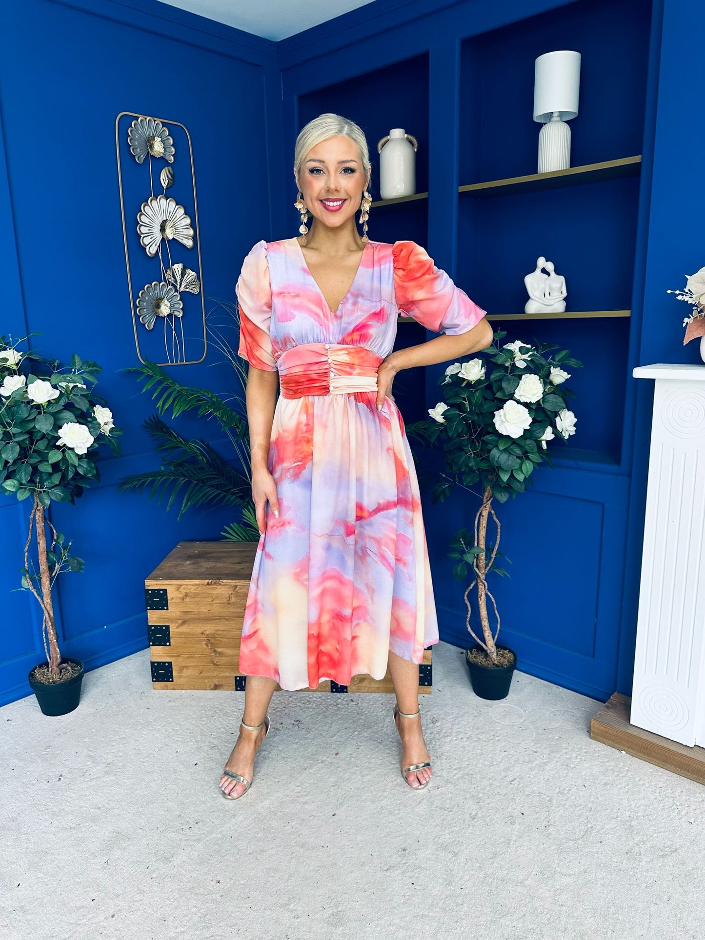 Glenda Banded Midi Dress Marble Coral