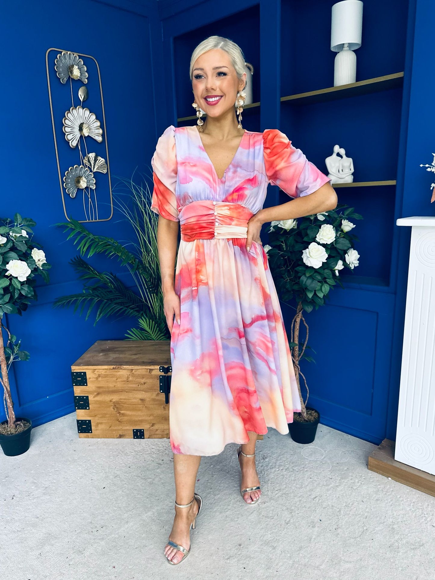 Glenda Banded Midi Dress Marble Coral