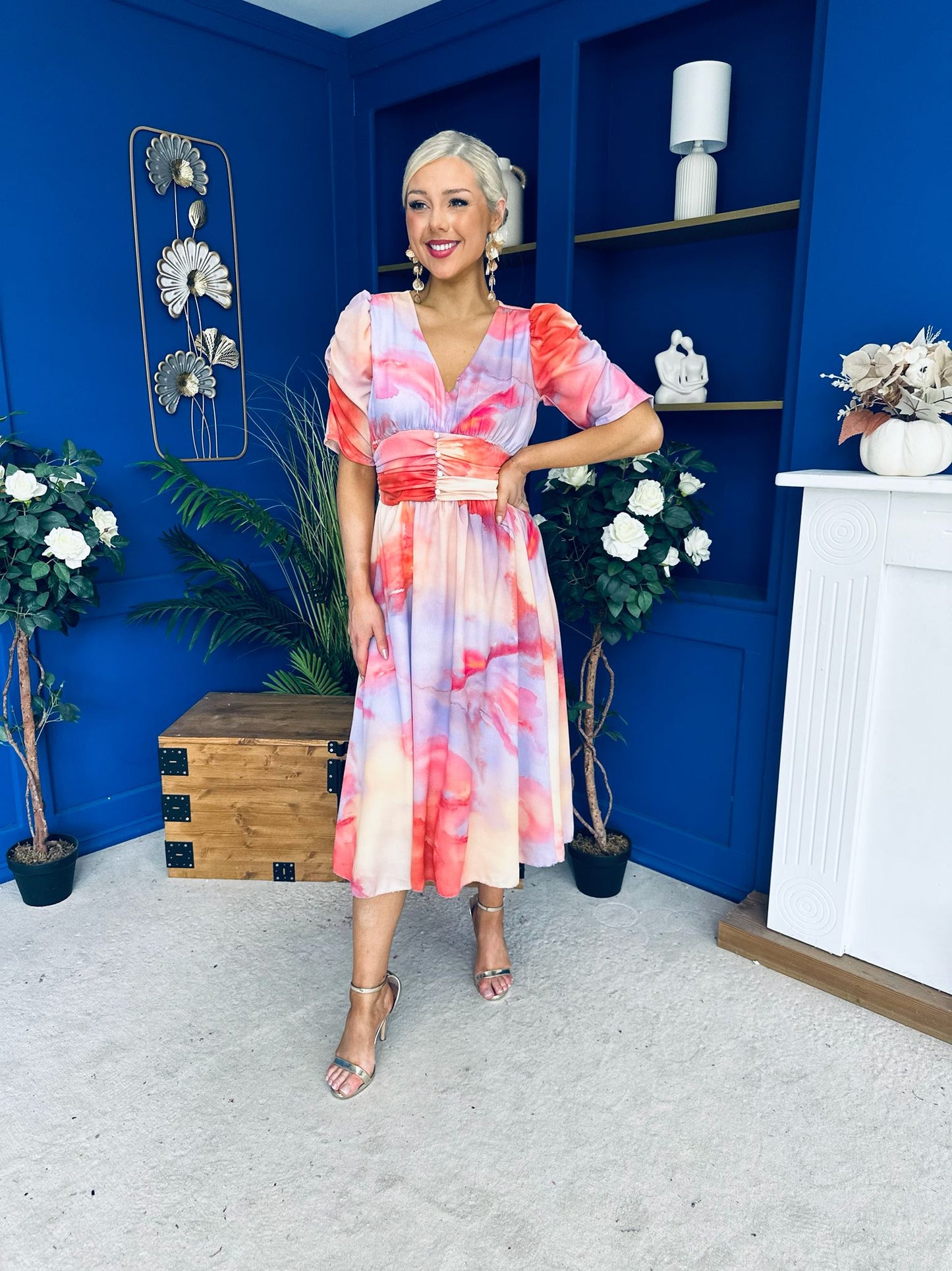 Glenda Banded Midi Dress Marble Coral