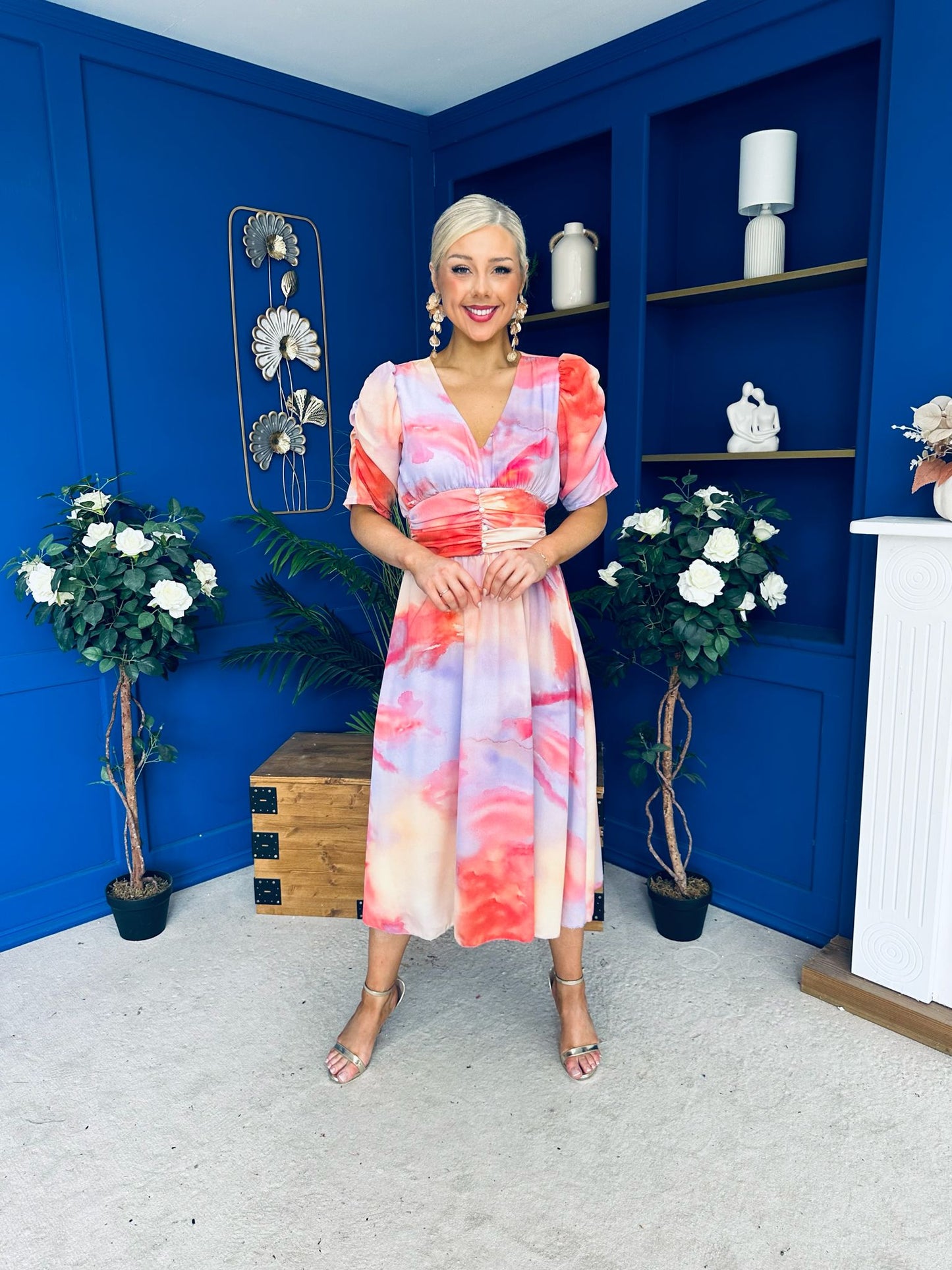 Glenda Banded Midi Dress Marble Coral