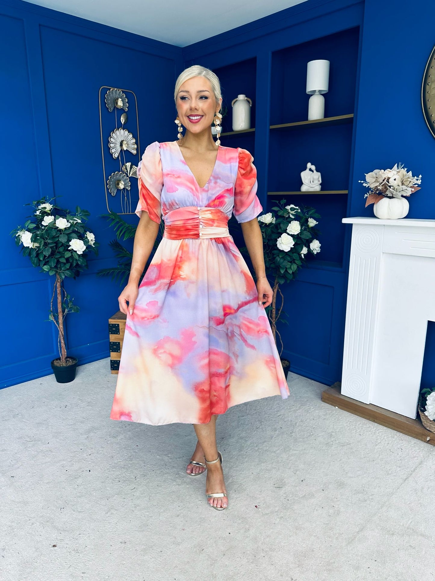 Glenda Banded Midi Dress Marble Coral