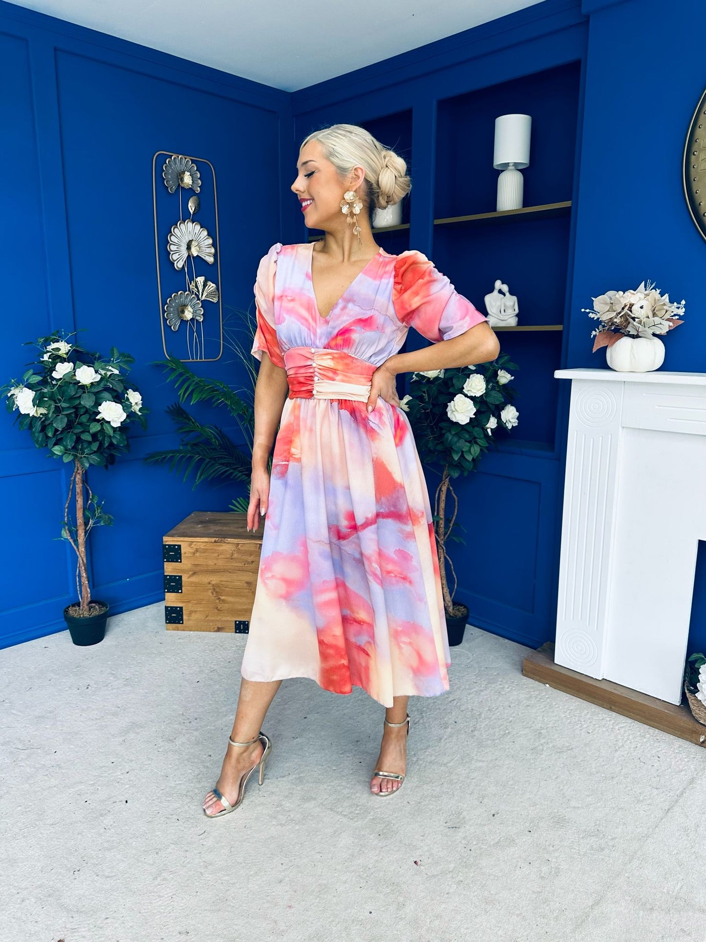 Glenda Banded Midi Dress Marble Coral